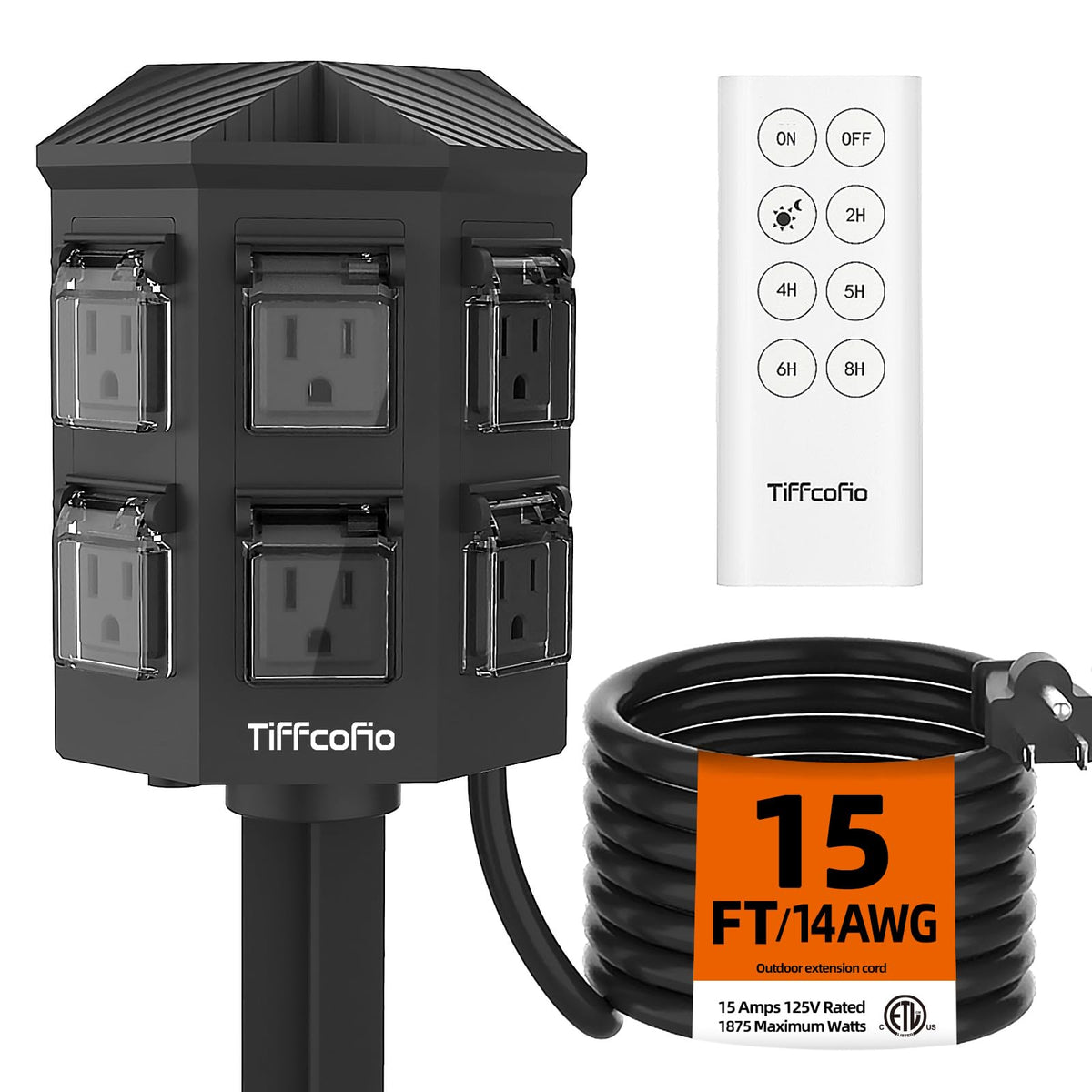 TiFFCOFiO Outdoor Power Stake Timer, 100FT Remote Control, Dusk to Dawn Christmas Light Timer, 6FT Extension Cord Waterproof, 6 Grounded Outlets for Outdoor Christmas Decorations, ETL Listed