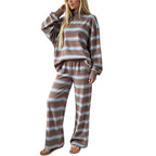 Striped Lounge Wear Sets for Women UK 2 Piece Outfits Loungewear Travel Matching Pyjamas Sets Mock Neck Oversized Knitted Jumper Long Sleeve Top and Wide Leg Pants Fall Winter