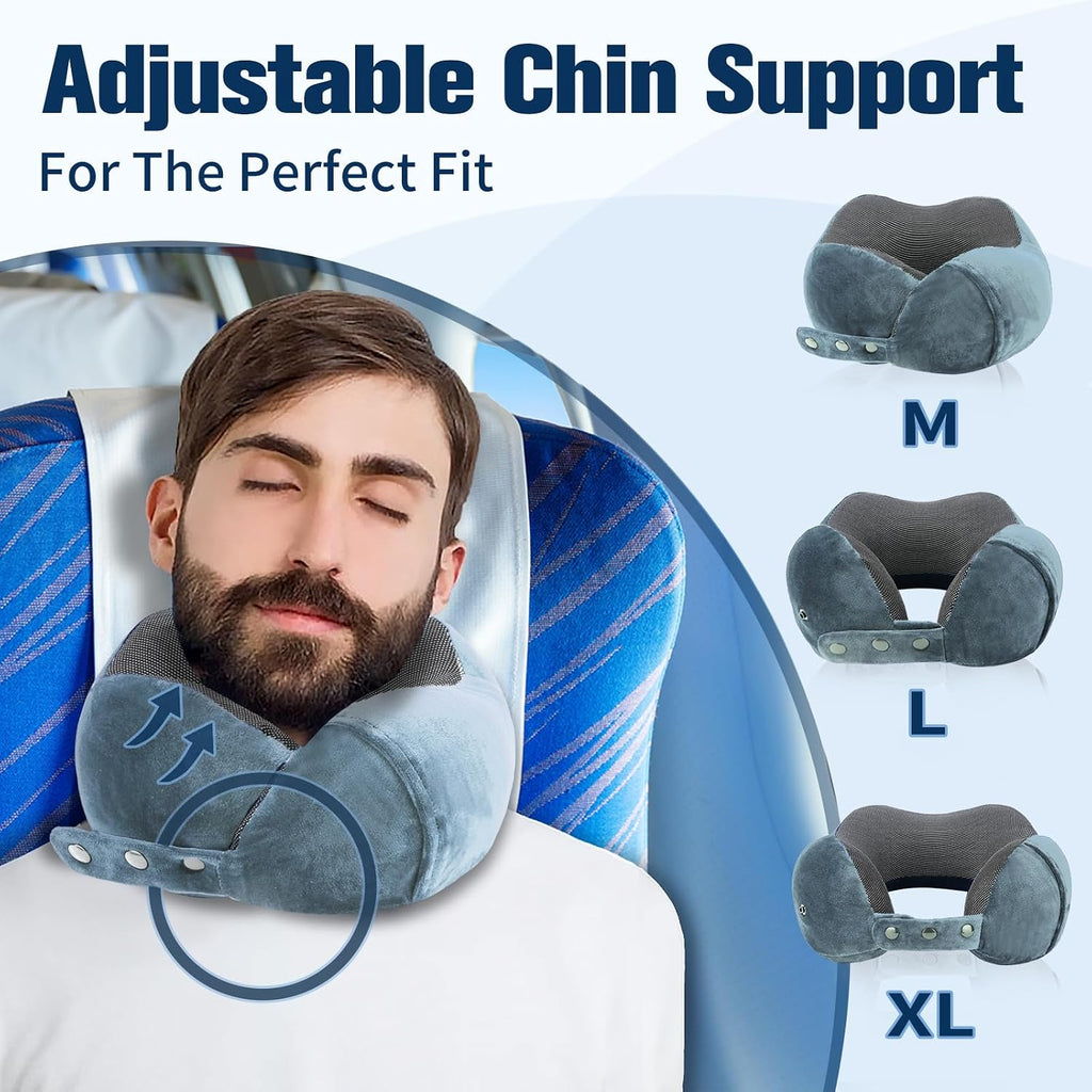 Cirorld Travel Pillow for Airplane, Neck Pillow for Travel, Memory Foam Travel Neck Pillow for Adults, Adjustable & Compact Flight Pillow, Ergonomic Neck Cushion, With Ear Plugs, Eye Mask, Carry Bag