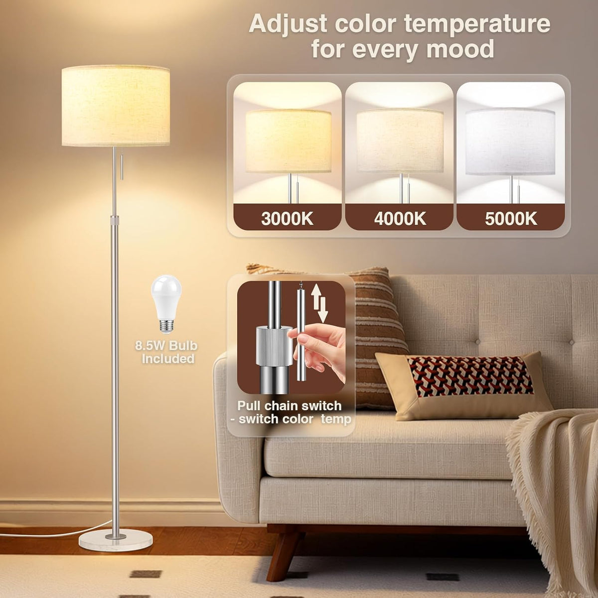 Ambimall Floor Lamp for Living Room with Smart Light Bulb, RGB + Stepless Dimmable Colors Temperature & Brightness(White Shade & Black Pole)