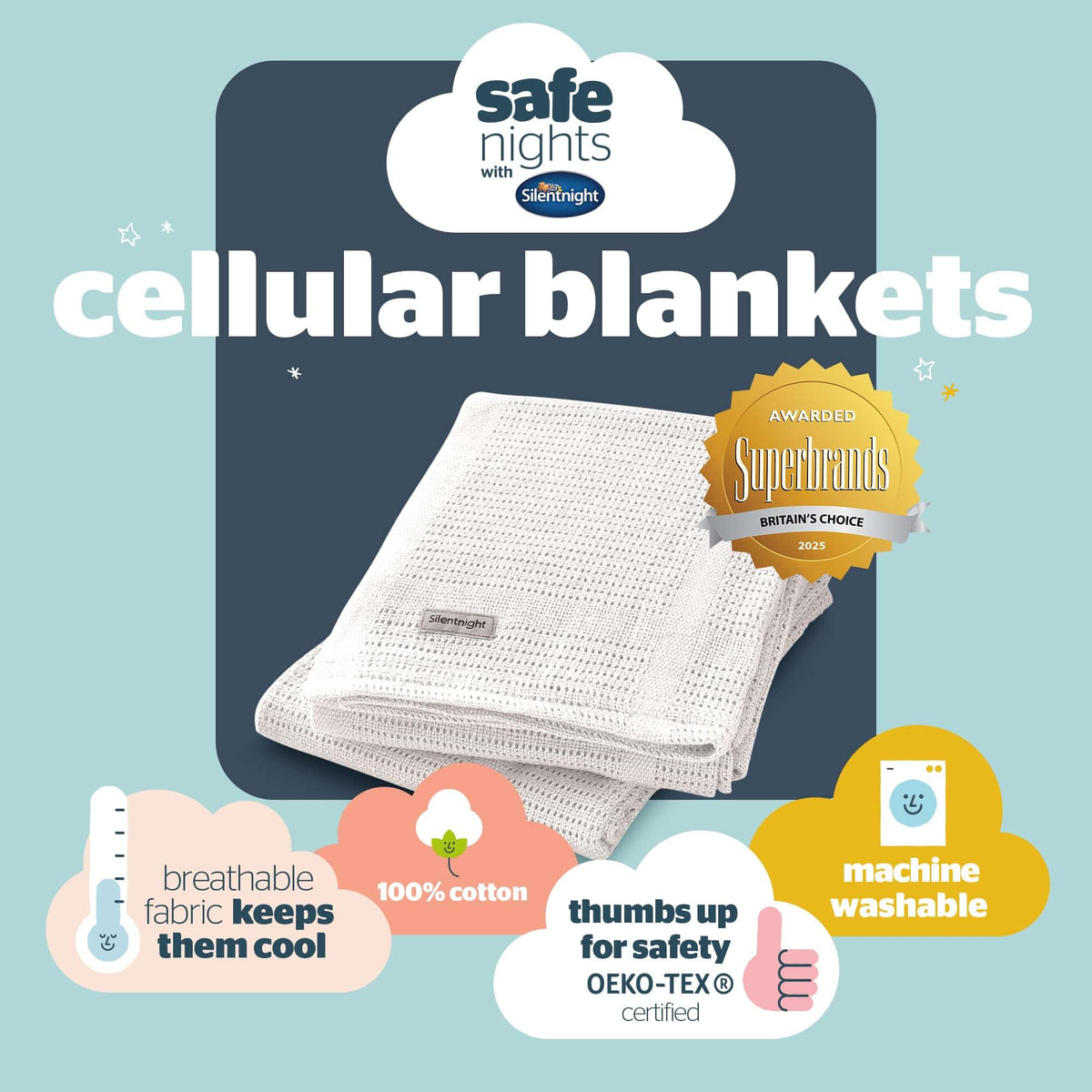 Silentnight Safe Nights Baby Blanket - Pack of 2 Soft 100% Cotton Cellular Baby Blanket for Newborn Ideal for Cot, Crib, Moses Basket and Pram - Baby Essentials - 2 Pack - Grey