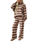 Striped Lounge Wear Sets for Women UK 2 Piece Outfits Loungewear Travel Matching Pyjamas Sets Mock Neck Oversized Knitted Jumper Long Sleeve Top and Wide Leg Pants Fall Winter