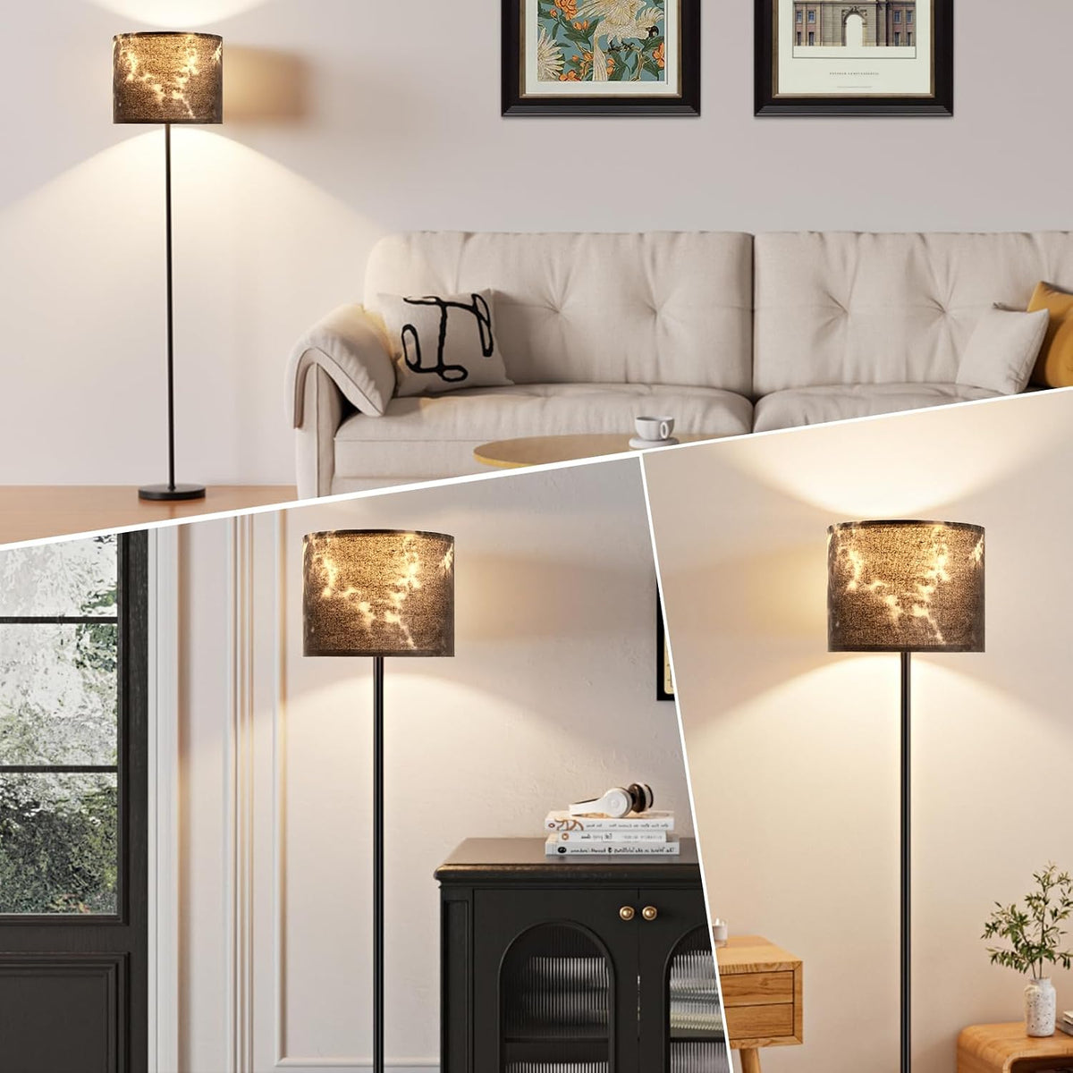 Ambimall Floor Lamp for Living Room with Smart Light Bulb, RGB + Stepless Dimmable Colors Temperature & Brightness(White Shade & Black Pole)