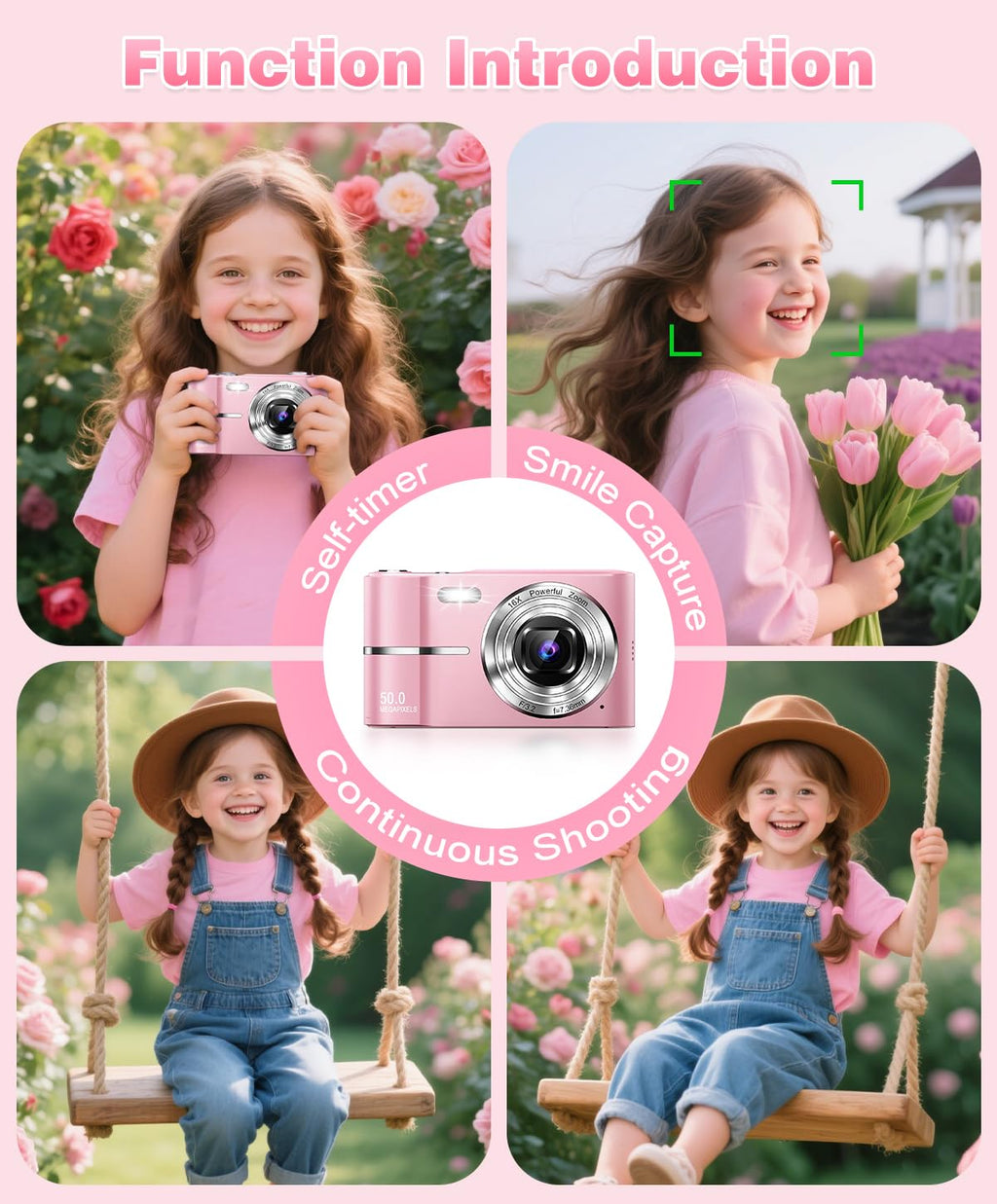 Digital Camera, 1080P FHD Vlogging Camera 50MP Compact Portable Photo Camera with 2.4" Screen, 16X Digital Zoom Mini Small Pocket Camera for Kids Students with 1 Battery, 16GB Card (Pink)