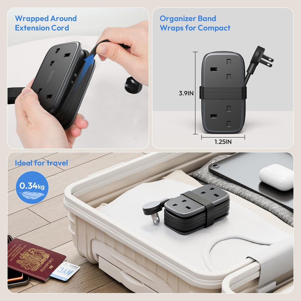 NTONPOWER UK to European Plug Adapter with 1.2M Extension Cable，2 Way Travel Extension Lead with 3 USB(2A+1C) Compact Travel Adapter for Germany France Spain Turkey Greece Iceland etc(Type E/F)