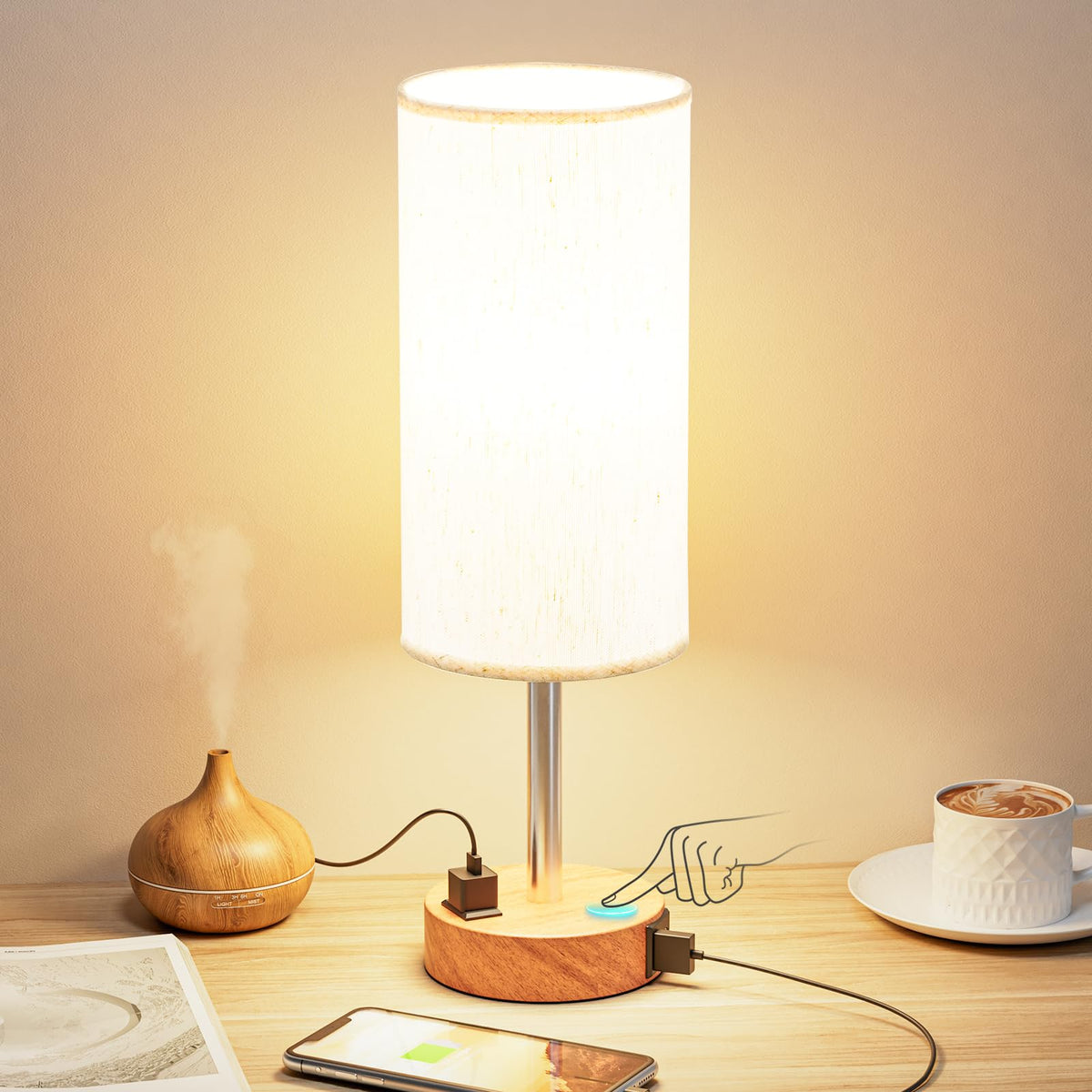 Fenmzee Bedside Table Lamp Set of 2 - Dimmable Touch, USB A+C, AC Outlet