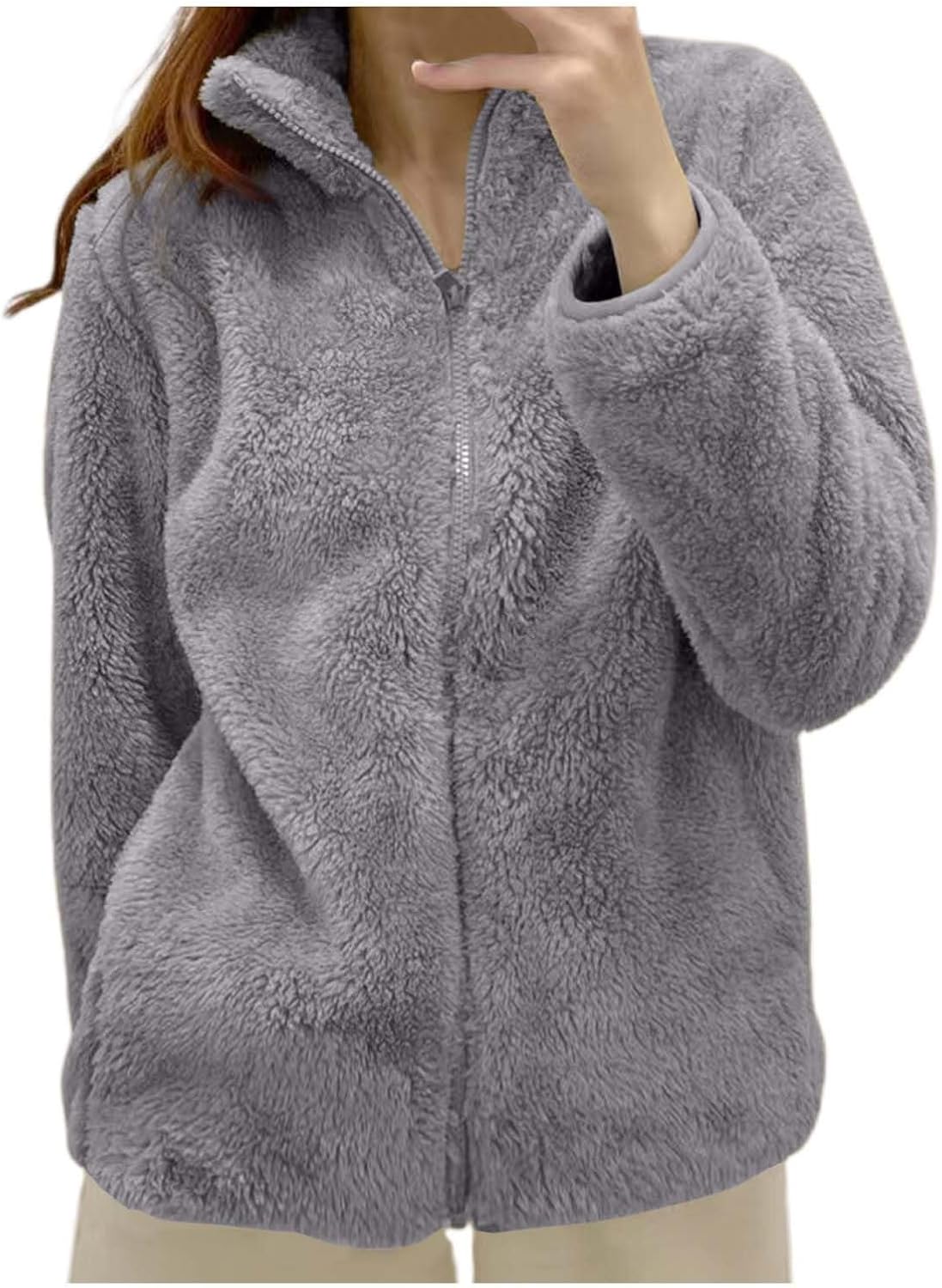 Fleece Winter Jackets for Women UK Fashion Warm Soft Fluffy Coats Causal Solid Color Long Sleeve Full Zip Jacket Elegant Callor Lapel Cardigans Ladies Teddy Fleece Outwear Gifts for Daily Holiday