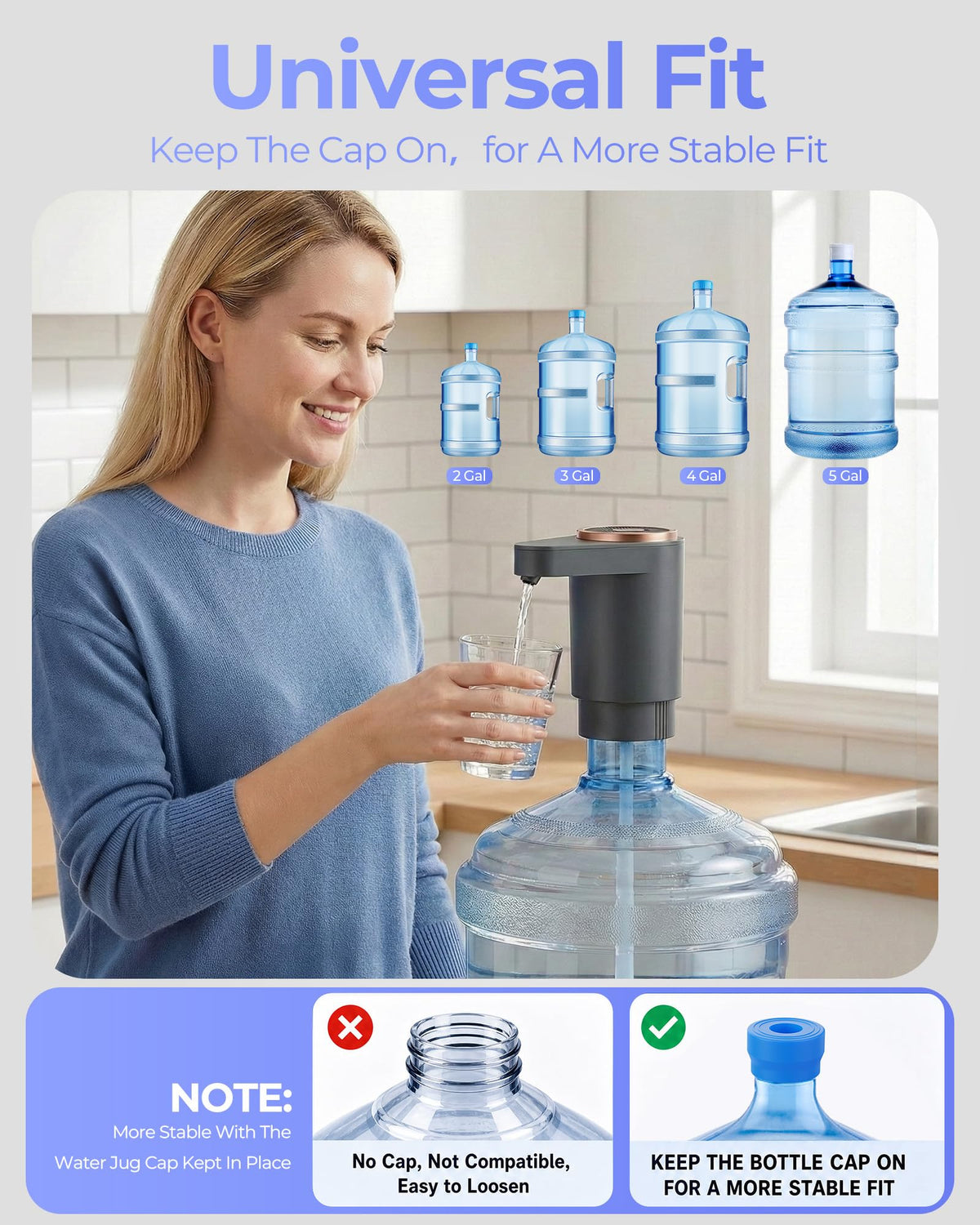 Water Jug Pump for 5 Gallon Bottle – Portable Electric USB-C Charging Dispenser, Dual Powerful Motors, Fast Flow, Fits 2-5 Gallon Jugs – Ideal for Home, Office, Camping, RV, Beige