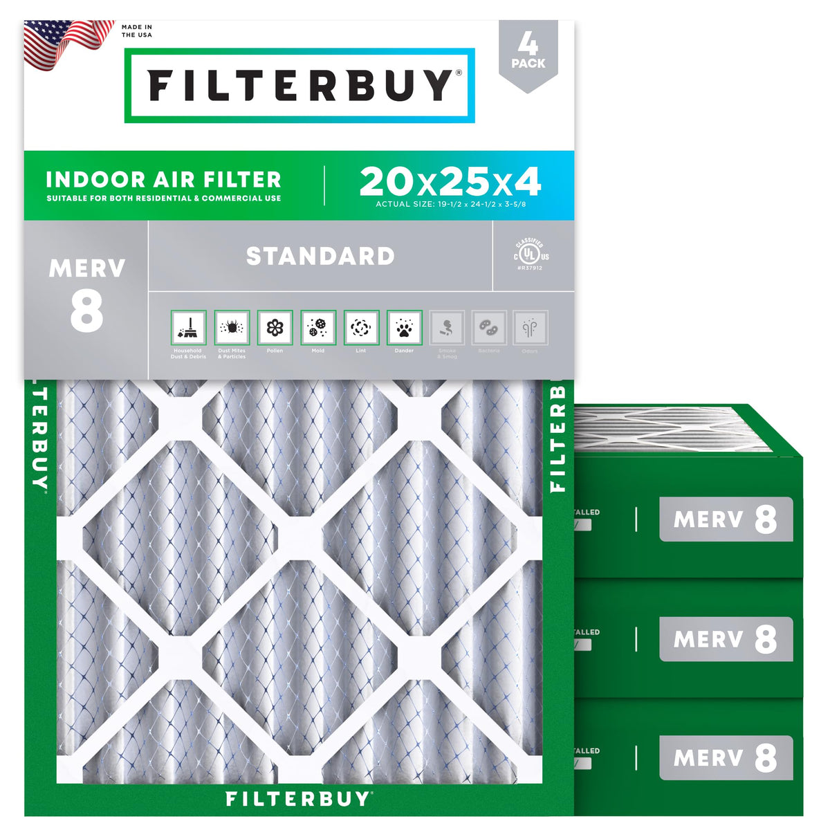 Filterbuy 20x20x1 Air Filter MERV 8 Dust & Allergy Defense (4-Pack)