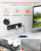 Black Extension Lead with 4 USB Slots(2 USB C), 4 Way Plug Extension Socket