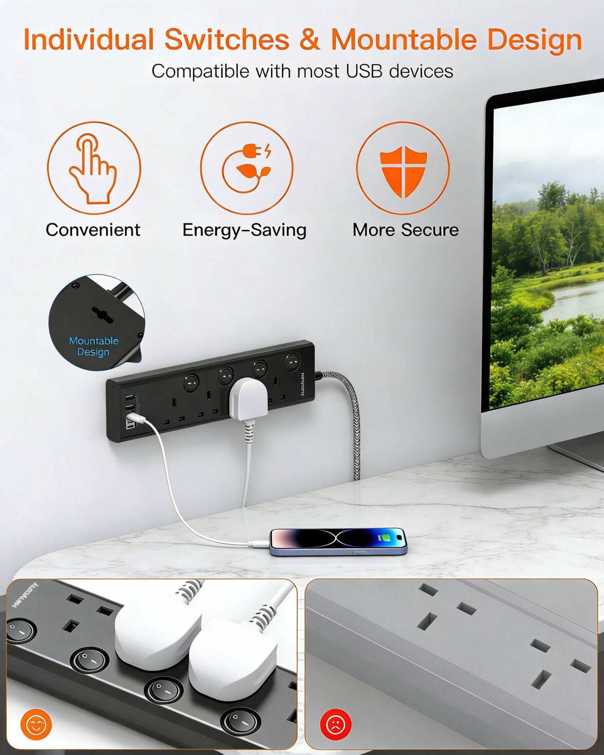Black Extension Lead with 4 USB Slots(2 USB C), 4 Way Plug Extension Socket