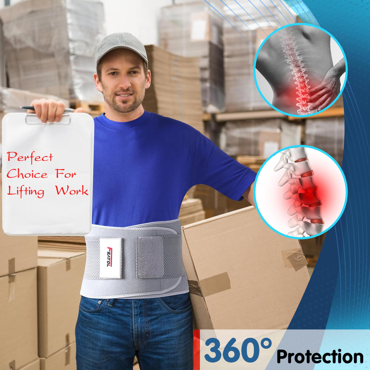 FEATOL Back Brace for Men & Women, Lower Back, Sciatica Pain Relief