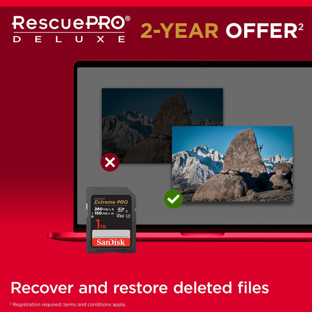 SanDisk 1TB Extreme PRO SDXC card, SD Card, V60 Memory card, 6K & 4K UHD, up to 280 MB/s, Shock, Temperature, Water and X-Ray Proof, RescuePro Deluxe data recovery software, UHS-II, Class 10, U3