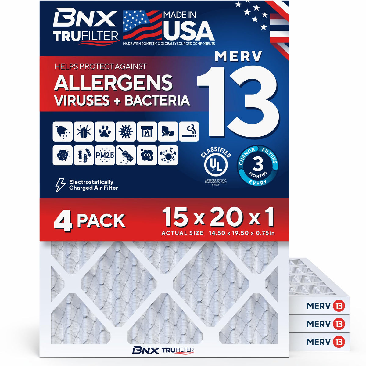 BNX TruFilter 20x20x1 Air Filter MERV 13 Smoke, Allergy, Pet Defense 6-Pack