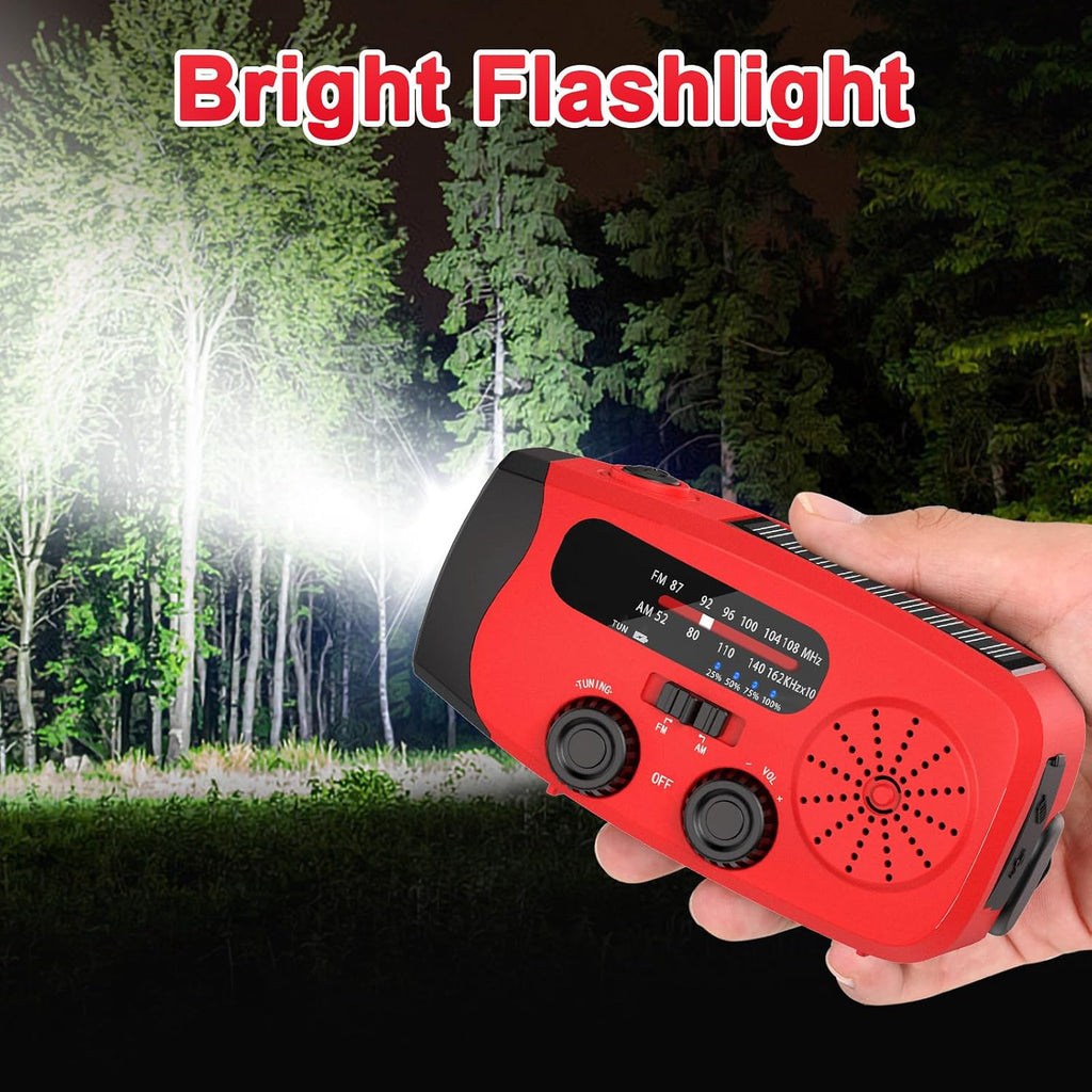Wind Up Solar Radio, Emergency Radio, Portable Hand Crank Radio, AM/FM Radio with LED Torch, 7400mWh Rechargeable Power Bank, SOS Alarm, USB Phone Charger, Emergency Use for Camping Hiking (Red)