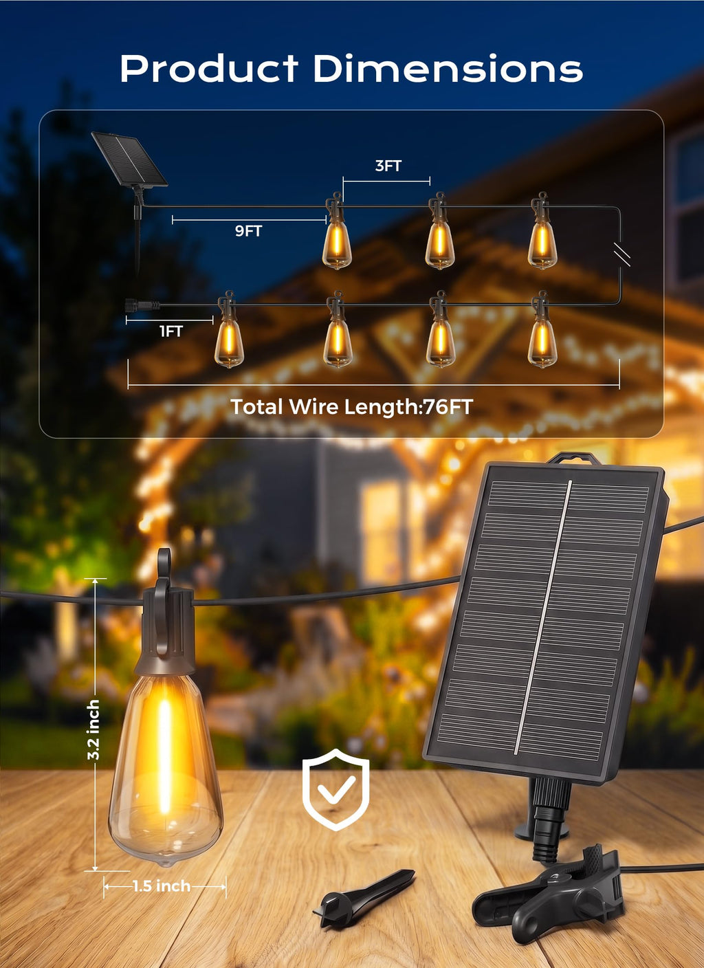 Brightown 52FT Solar String Lights Outdoor Waterproof, Last 30+ Hrs Runtime