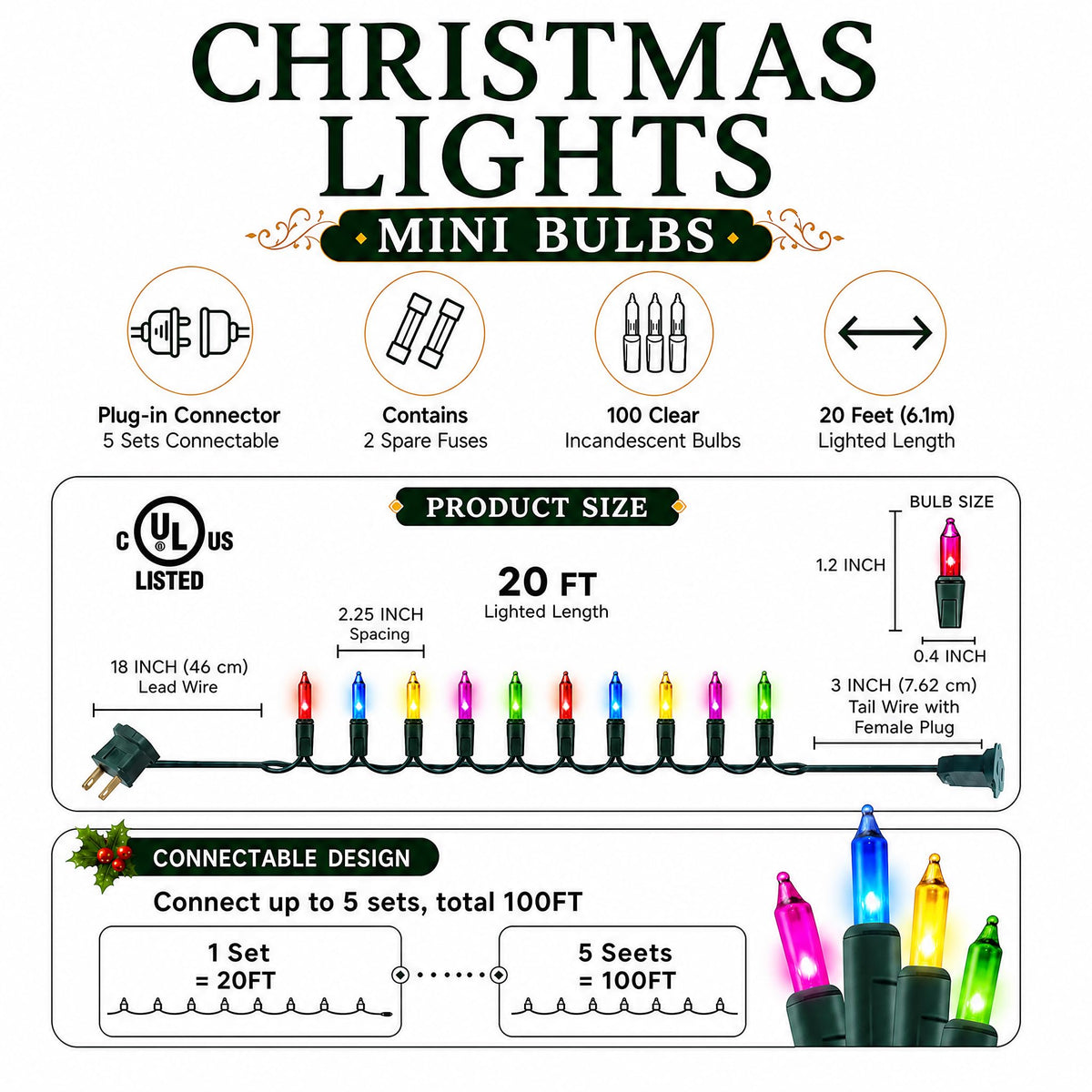 TW SHINE Warm White Christmas Lights Outdoor, 20FT 100 Count Incandescent Christmas Light Indoor, Waterproof Christmas Tree String Lights for Xmas Decorations