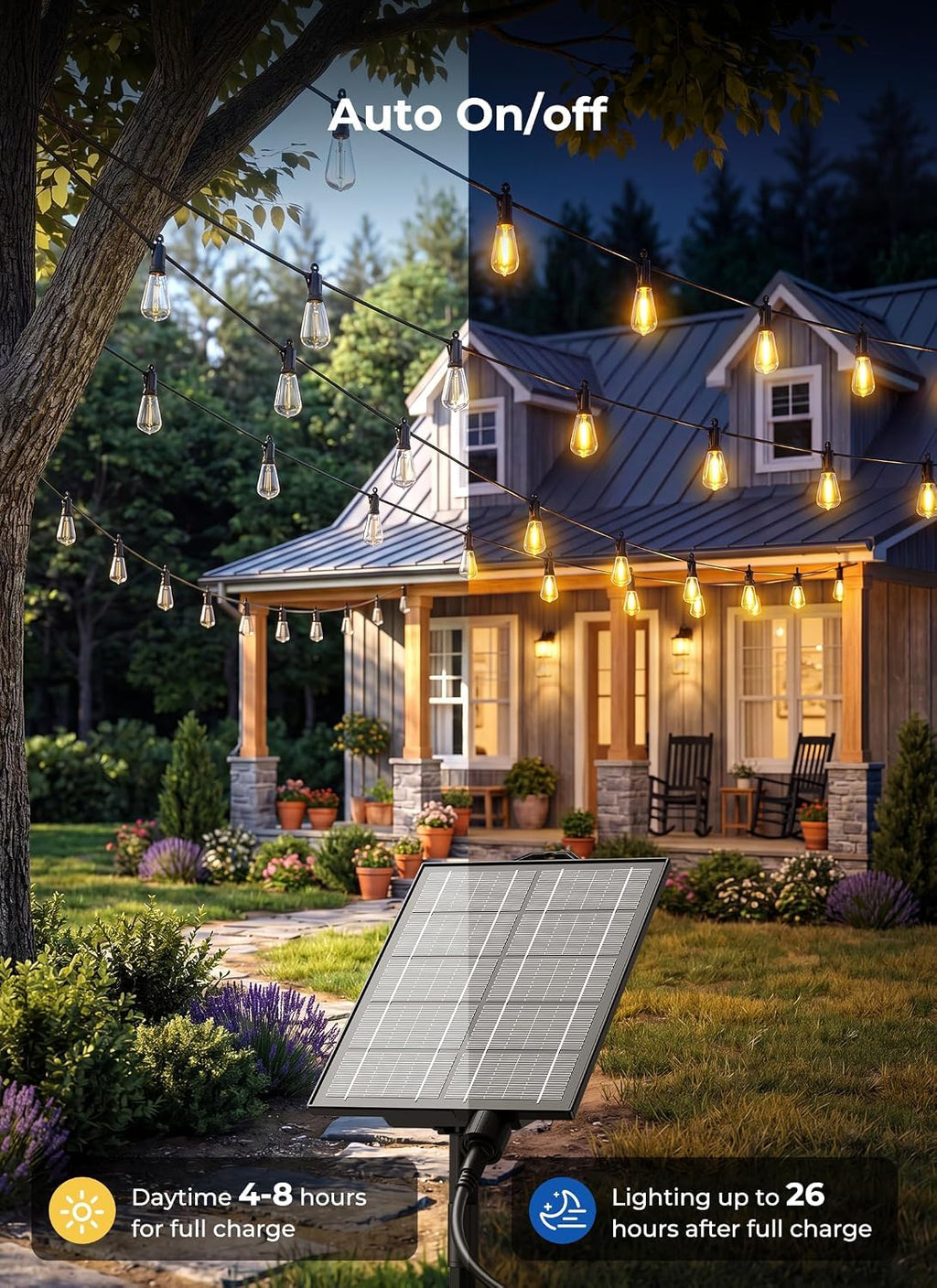 Brightown 52FT Solar String Lights Outdoor Waterproof, Last 30+ Hrs Runtime