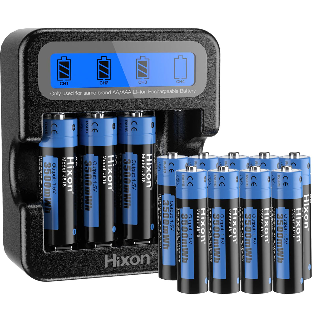 Hixon AA Rechargeable 1.5V Lithium Battery 4 Pack with LCD Charger, 3A High Current Output,3500mWh High Capacity, Constant Output,1600 Cycles,Long Lasting