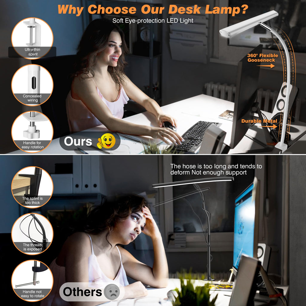 Airlonv LED Desk Lamp with Clamp, 17" Stepless Dimming Light, Black