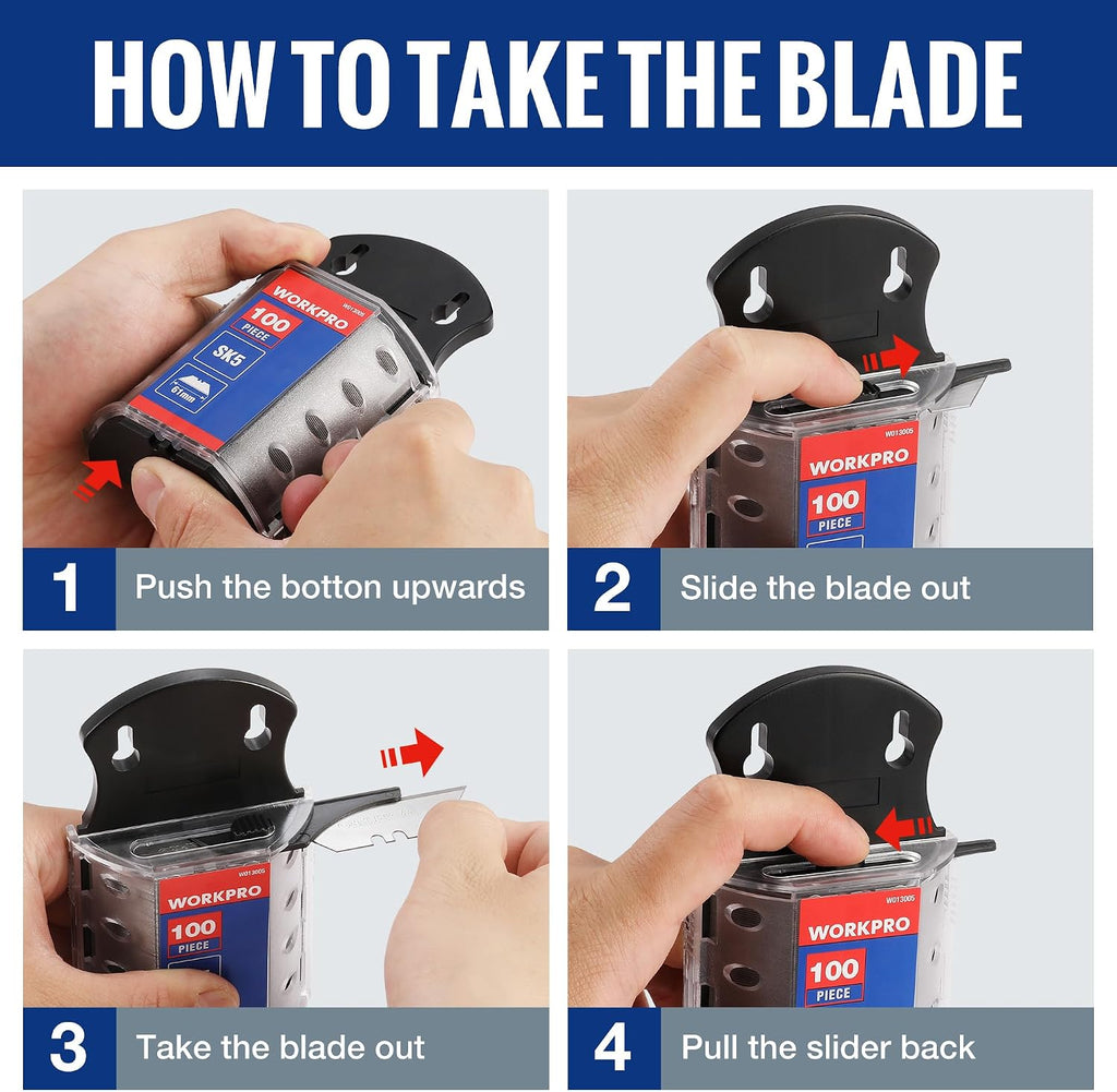 WORKPRO Utility Knife Blades, 100-Pack SK5 Steel Blades with Dispenser
