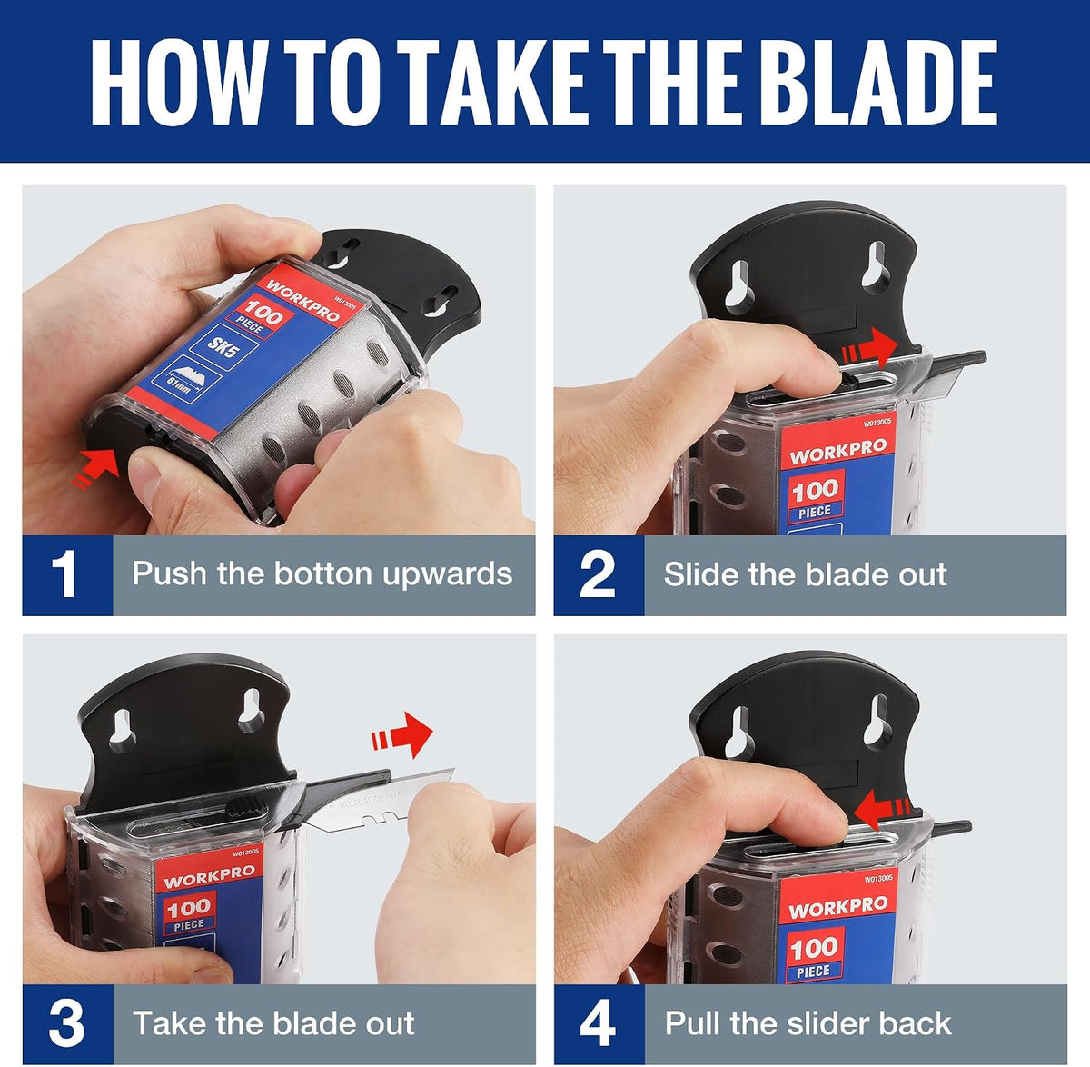 WORKPRO Utility Knife Blades, 100-Pack SK5 Steel Blades with Dispenser