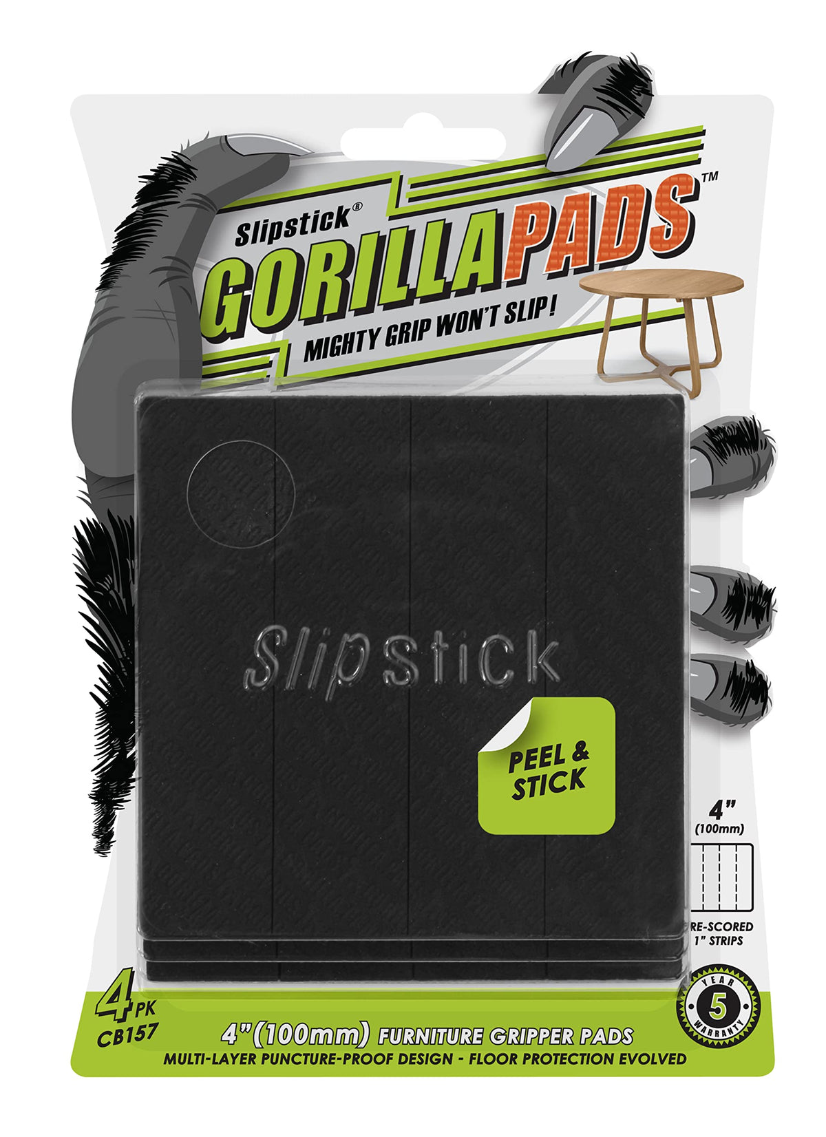 Slipstick GorillaPads Non Slip Furniture Pads/Gripper Floor Protectors (Set of 4) 3 Inch Square Self Adhesive Rubber Stoppers for Furniture Legs, CB155