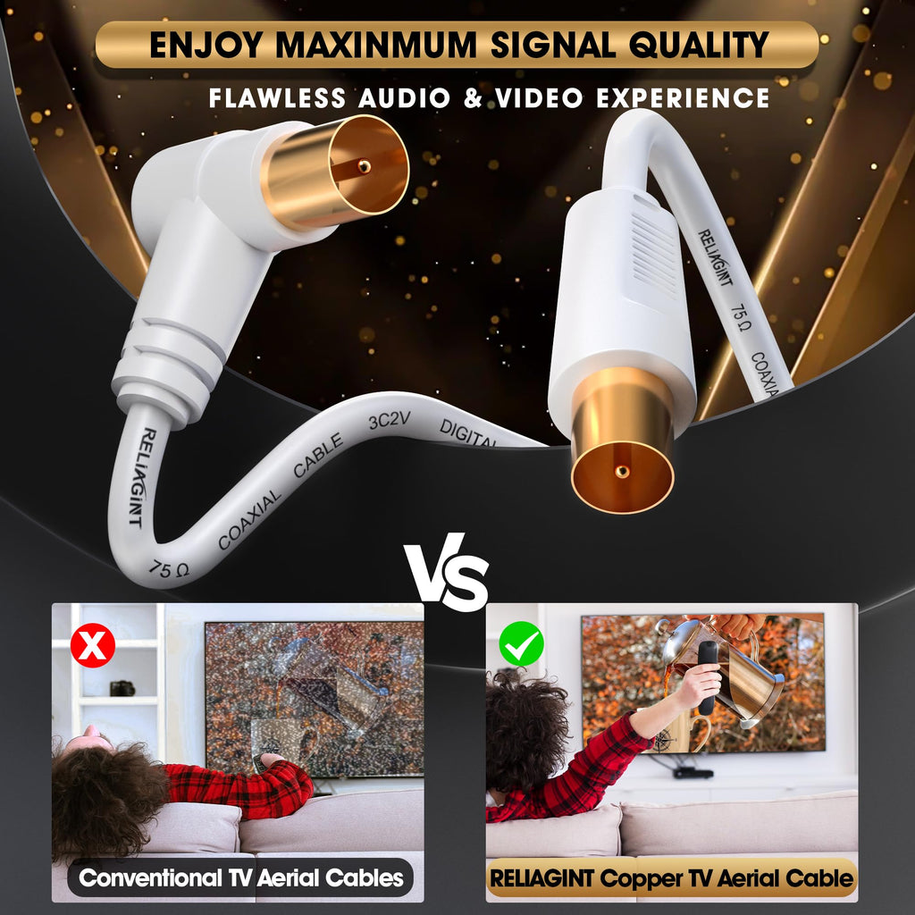 TV Aerial Cable 10m, 75 Ohm Coaxial Lead, IEC 9.5mm Male to Male 3C2V Pure Copper Dual Shielded, Right-Angle Connector, Female to Female Adaptor Included, Black