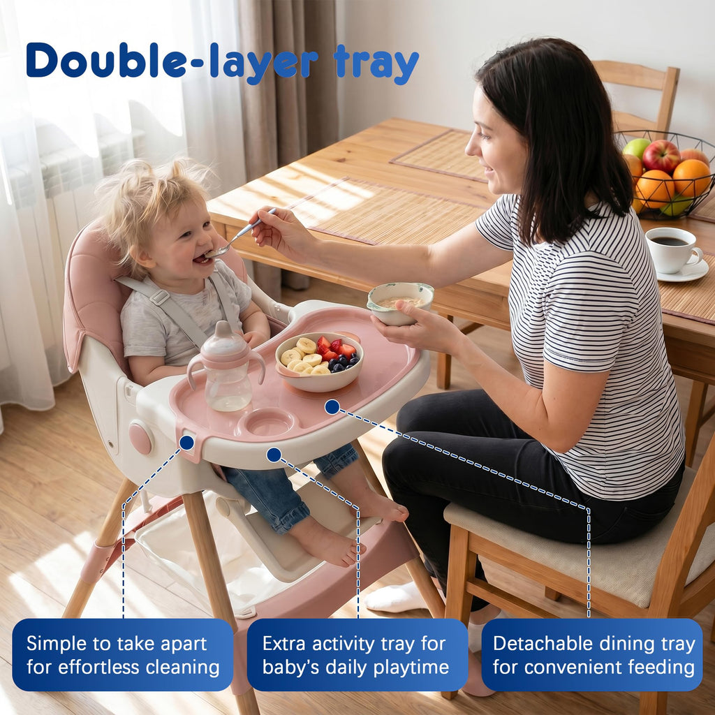 Baby High Chair Foldable Highchair, High Chairs for Babies and Toddlers Adjustable Height & Reclining Seat Detachable Double Tray, Ergonomic Feeding Portable Highchairs for Newborn 6 Months to 5 Years