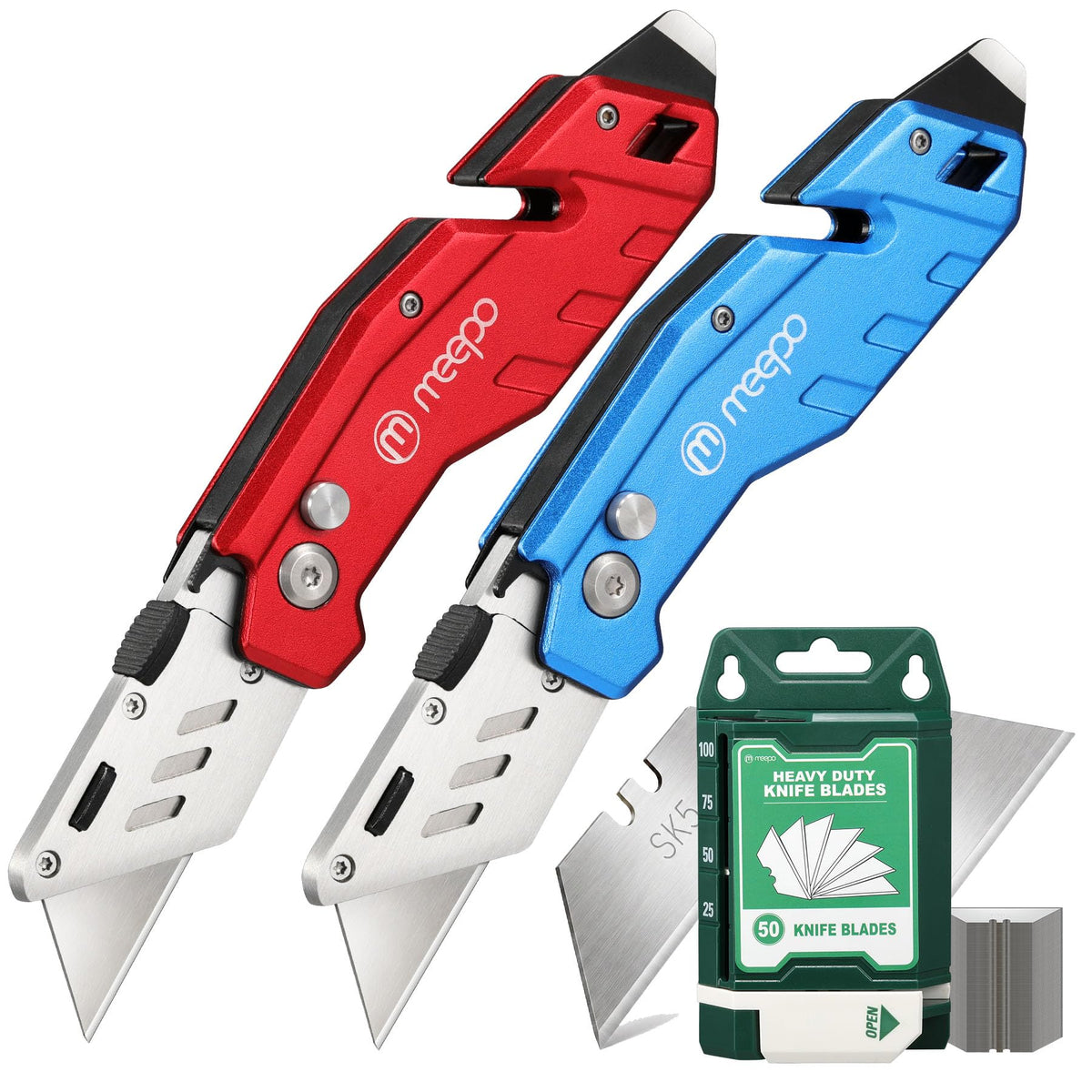 M MEEPO 4-Pack Box Cutter, Colorful Folding Utility Knife w/ 10 pcs Blades