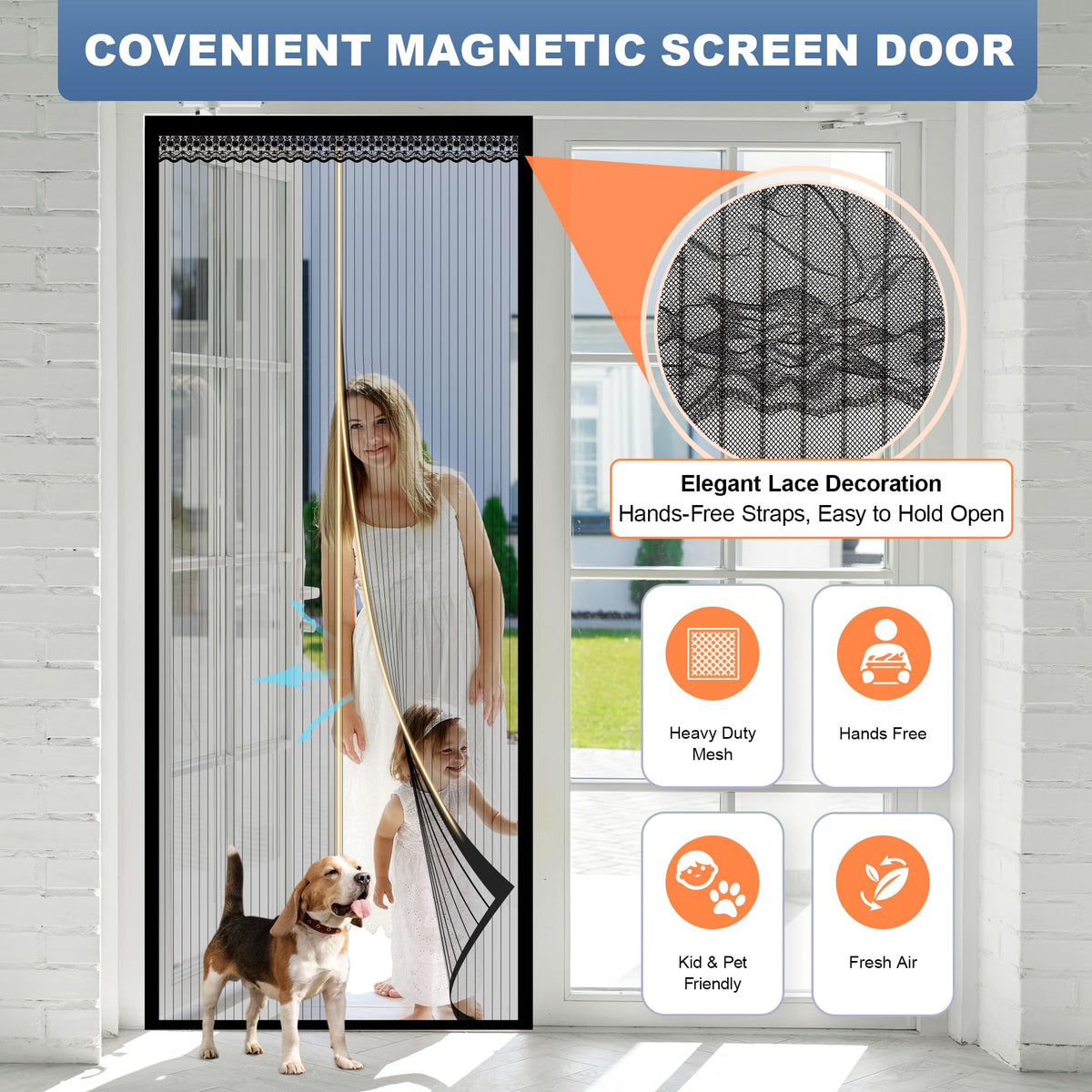 METAONLY Magnetic Screen Door Mesh, Works for Patio, Sliding Door, Keeps Bug Mosquito Out, Fresh Air Flow, Fits 32" x 80" Door - Curtain Size 34" x 82", Black with Lace