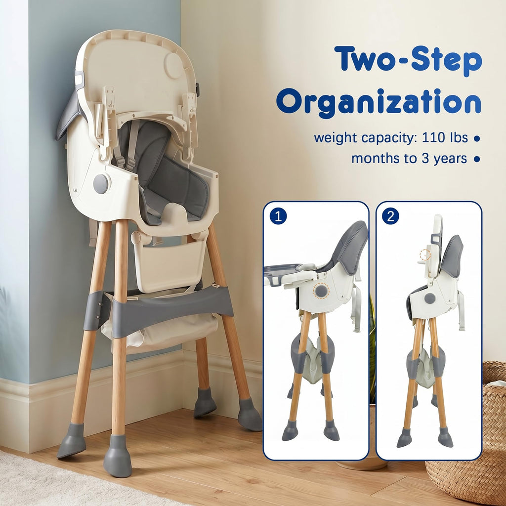 Baby High Chair Foldable Highchair, High Chairs for Babies and Toddlers Adjustable Height & Reclining Seat Detachable Double Tray, Ergonomic Feeding Portable Highchairs for Newborn 6 Months to 5 Years
