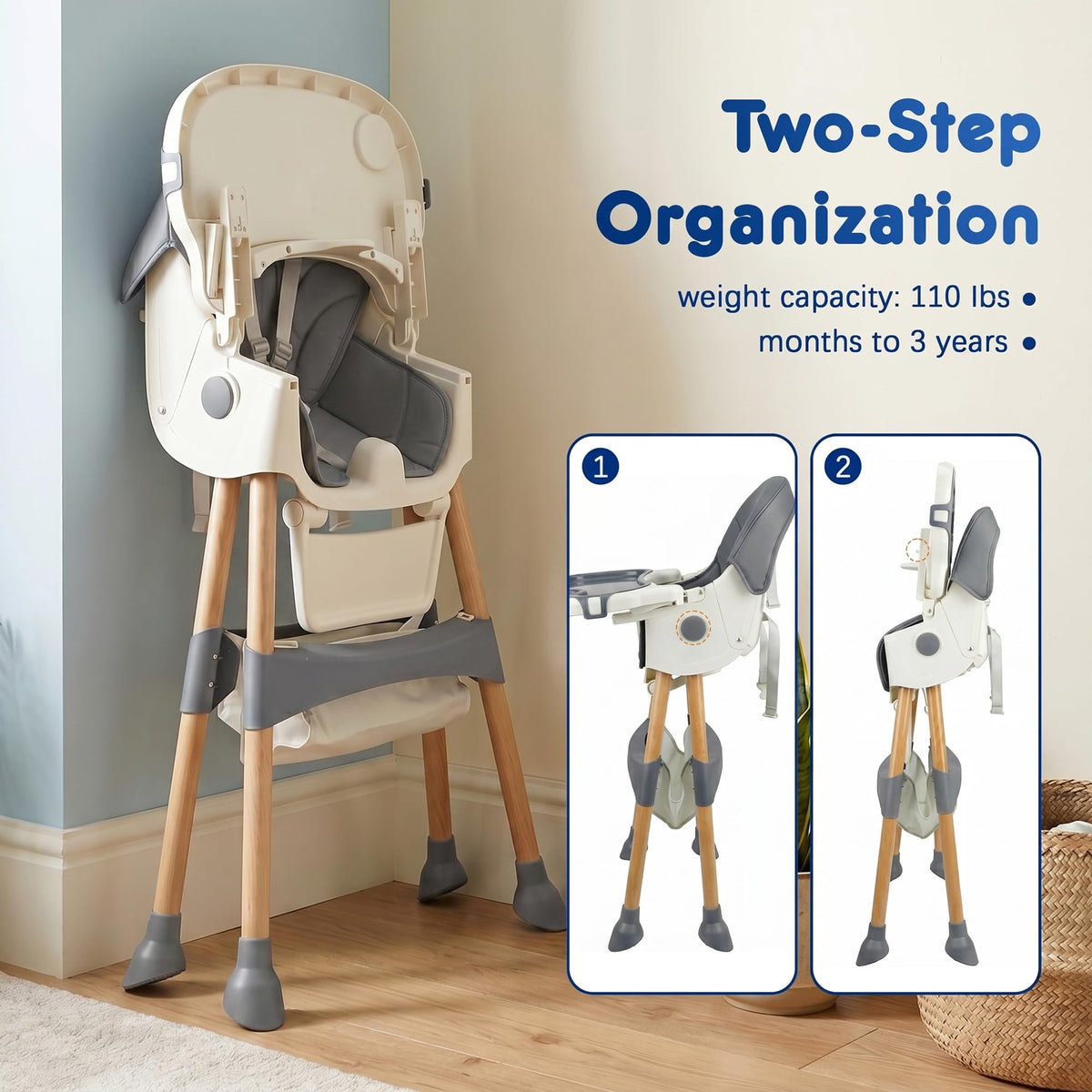 Baby High Chair Foldable Highchair, High Chairs for Babies and Toddlers Adjustable Height & Reclining Seat Detachable Double Tray, Ergonomic Feeding Portable Highchairs for Newborn 6 Months to 5 Years