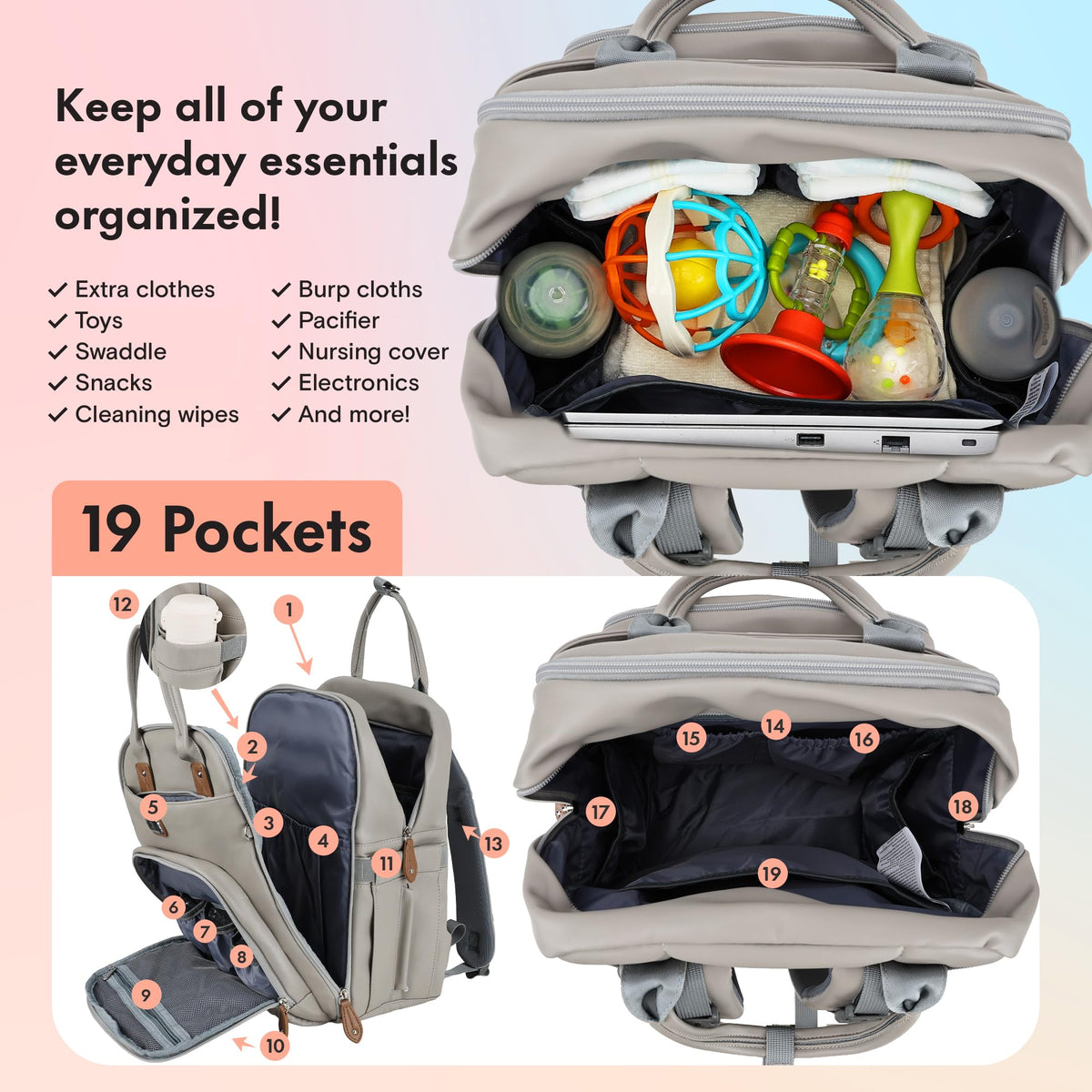 Dikaslon Baby Changing Bag Backpack, Large Nappy Back Pack Multifunction Baby Bags with Portable Changing Mat, Pacifier Holder, and Stroller Straps, for Mom and Dad