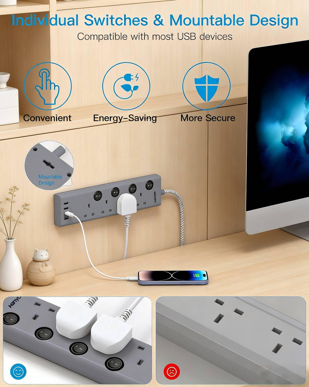 Black Extension Lead with 4 USB Slots(2 USB C), 4 Way Plug Extension Socket