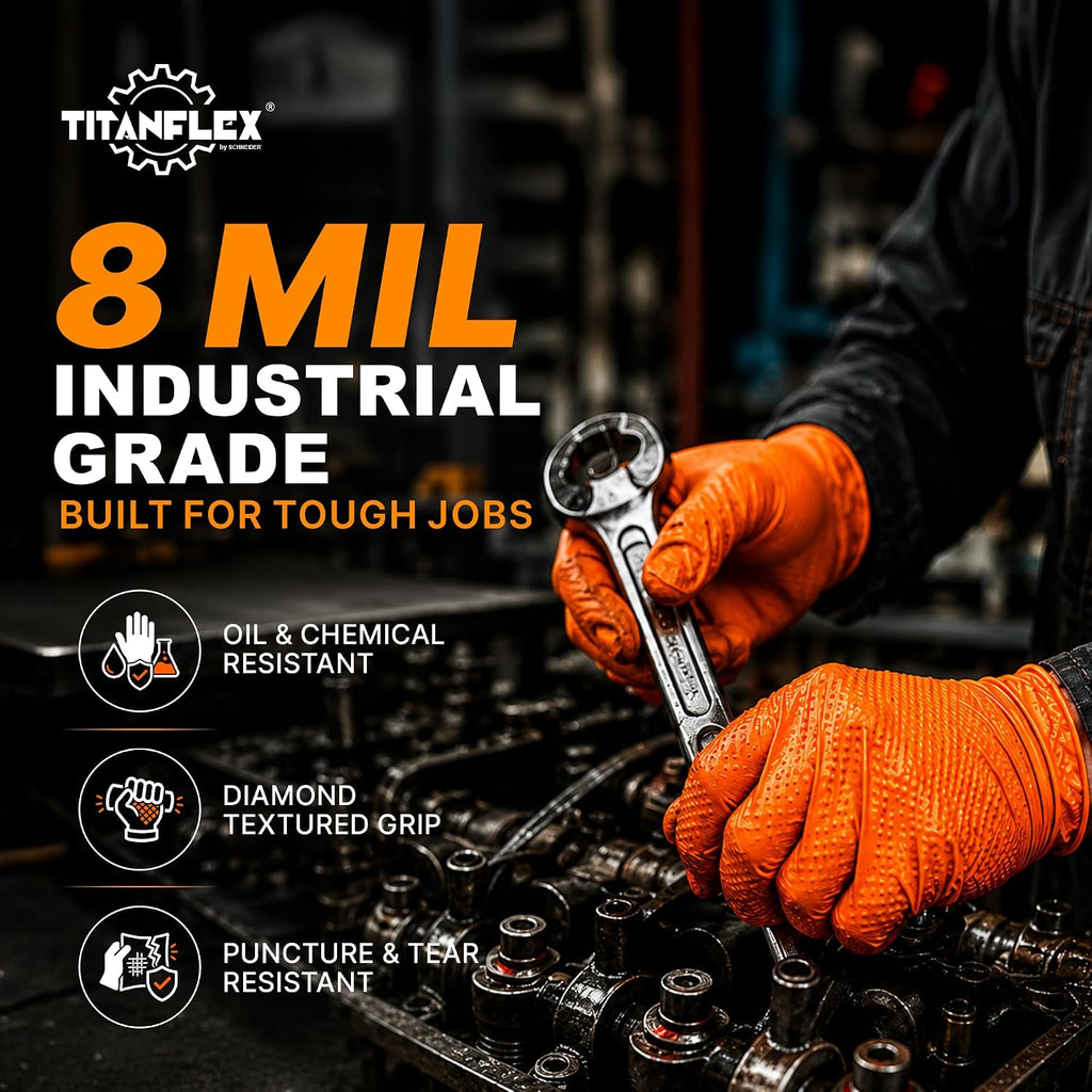 TitanFlex Heavy Duty Industrial Orange Nitrile Gloves, 8-mil, Gloves Disposable Latex Free with Raised Diamond Texture Grip, Powder Free, Rubber Glove, Mechanic Gloves,50-ct Box (Small)