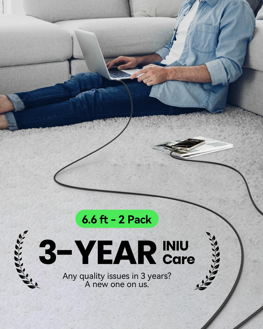 INIU USB C Cable, 2m White 100W Fast Charging Type C Cable