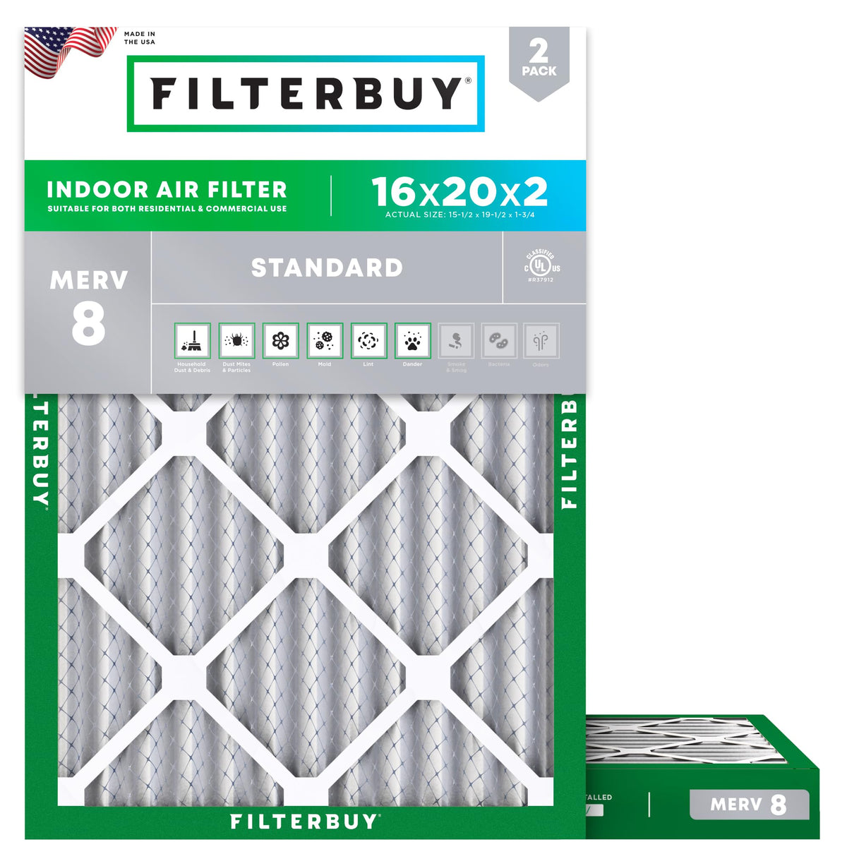 Filterbuy 18x18x1 Air Filter MERV 8 Dust & Allergy Defense (2-Pack)