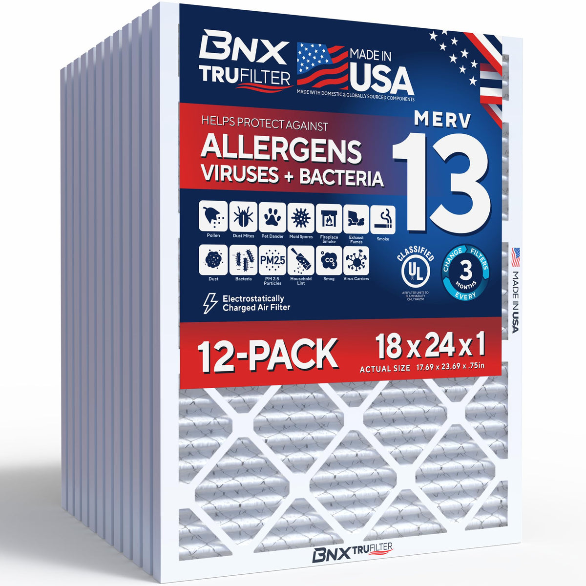 BNX TruFilter 20x20x1 Air Filter MERV 13 Smoke, Allergy, Pet Defense 6-Pack
