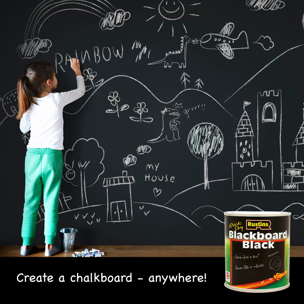 Rustins Blackboard Black 500ml– Quick Dry Matt Black Chalkboard Paint, Durable Writing Surface for Home, School & Office