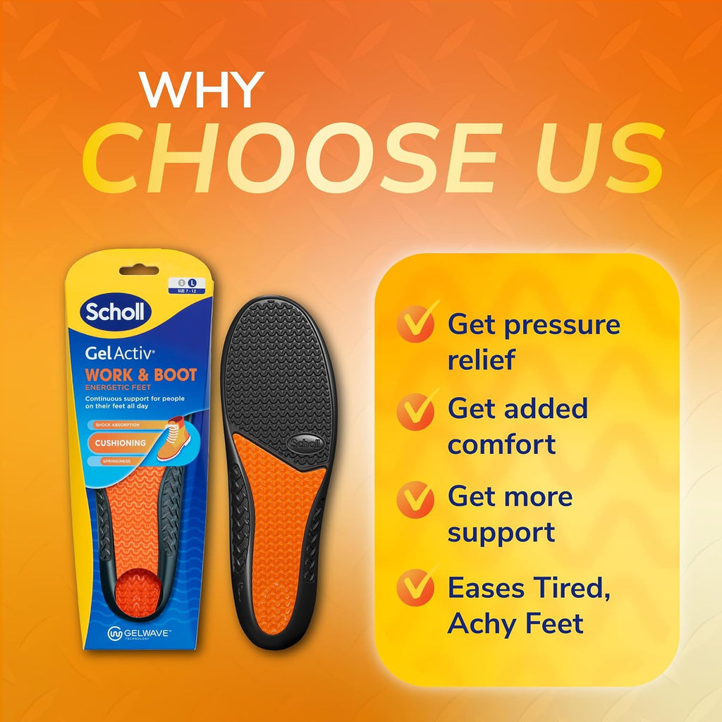 Scholl GelActiv Work & Boot Insoles for Men and Women, All Day Comfort at Work, Shock Absorption and Comfort Cushioning with GelWave Technology