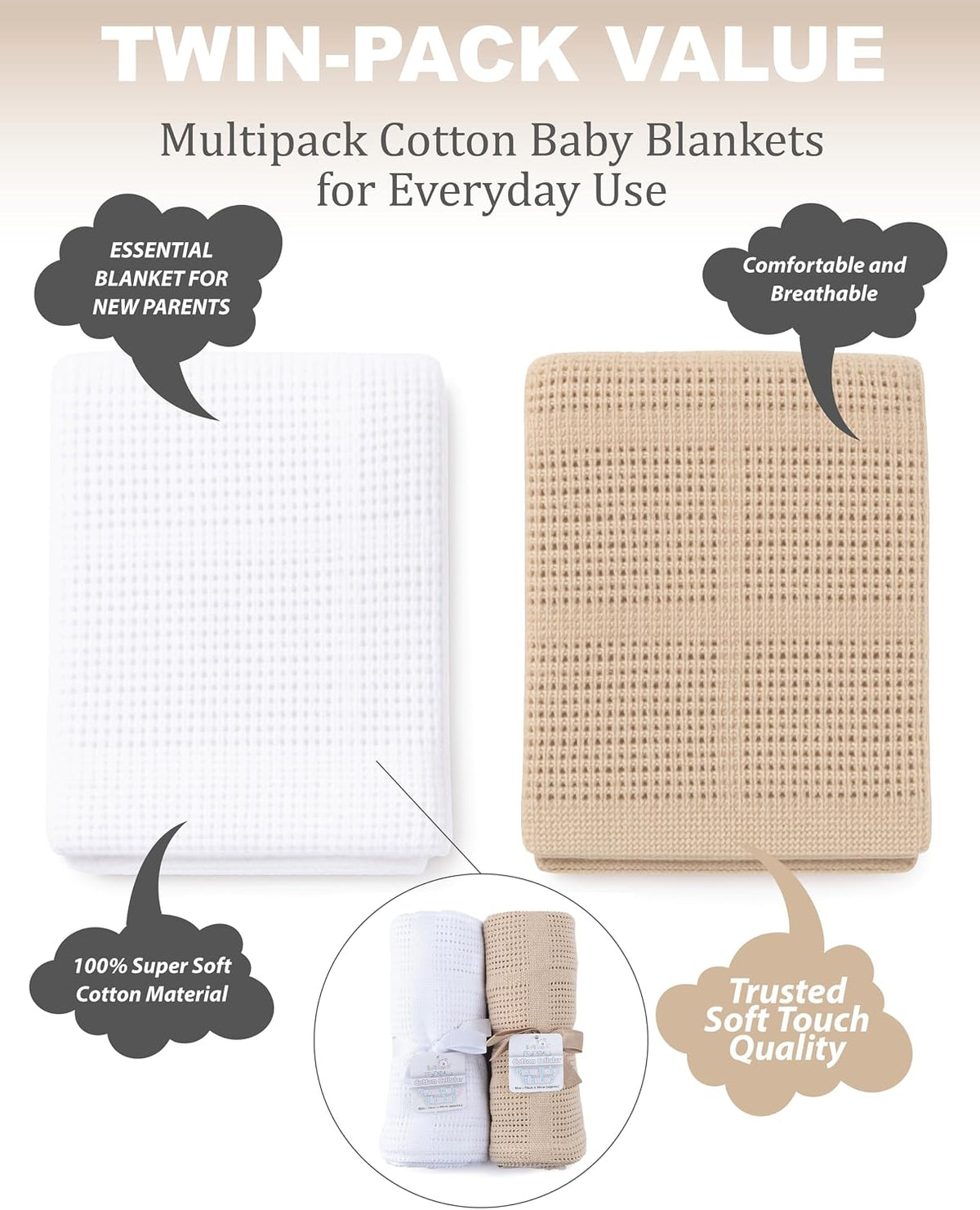 Soft Touch Newborn Essentials 70 x 90cm Cotton Baby Cellular Blanket for Pram, Car Seat and Cot Bedding