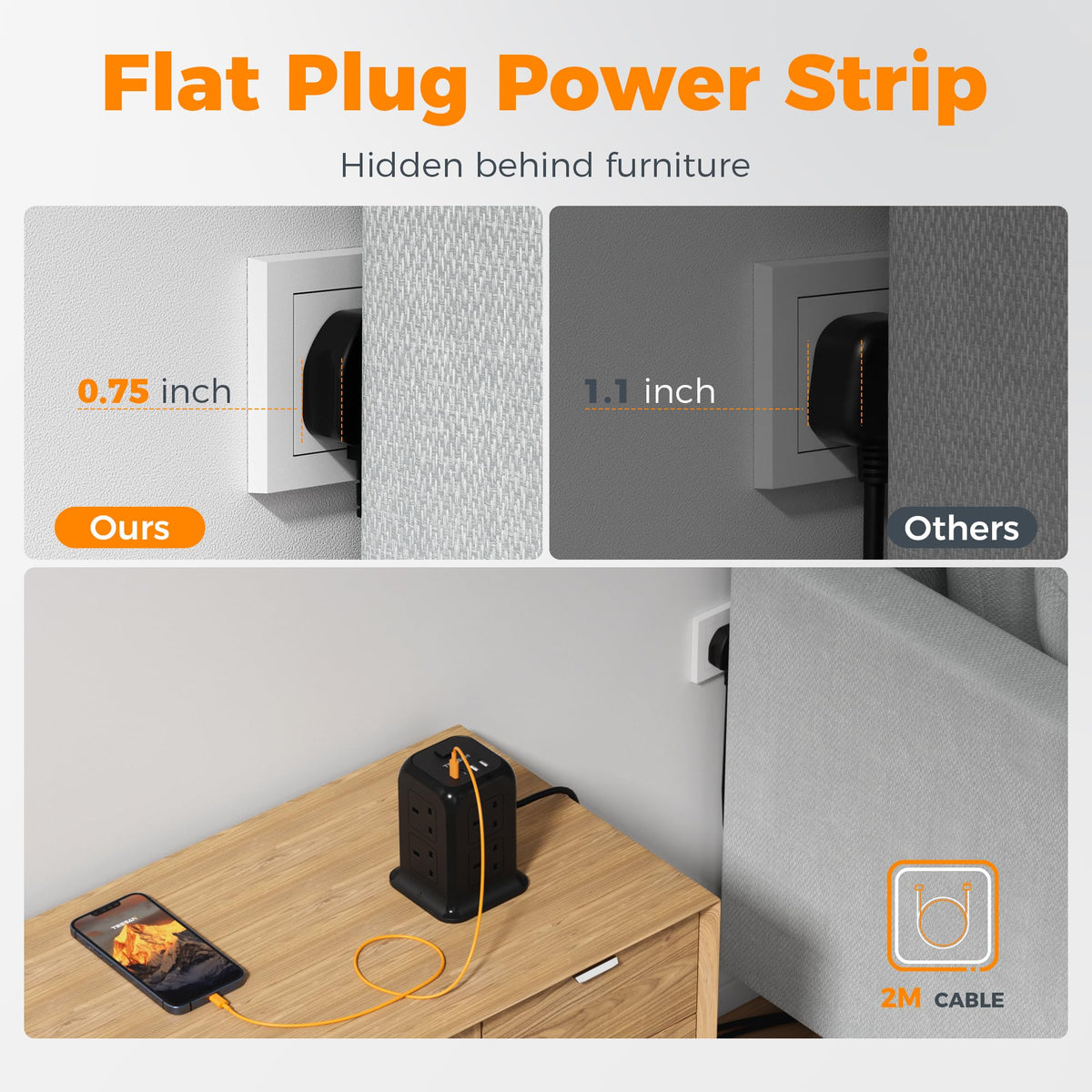 TESSAN 8 Way Tower Extension Lead 2M with 4 USB Slots (2 USB C)