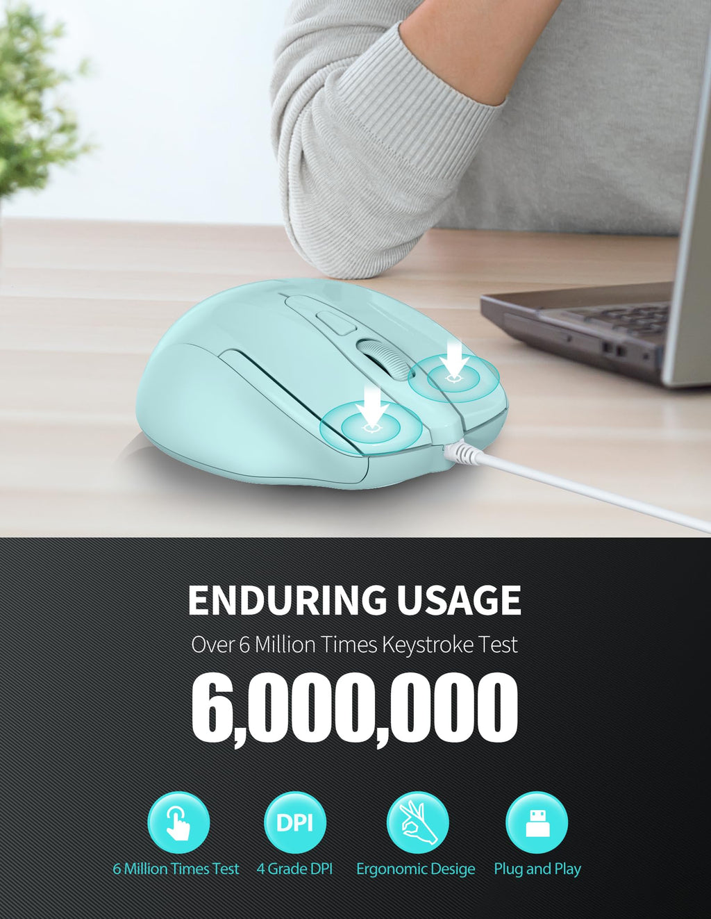 TECKNET USB Wired Mouse,6400 DPI Optical,6-Button Ergonomic Computer Mouse