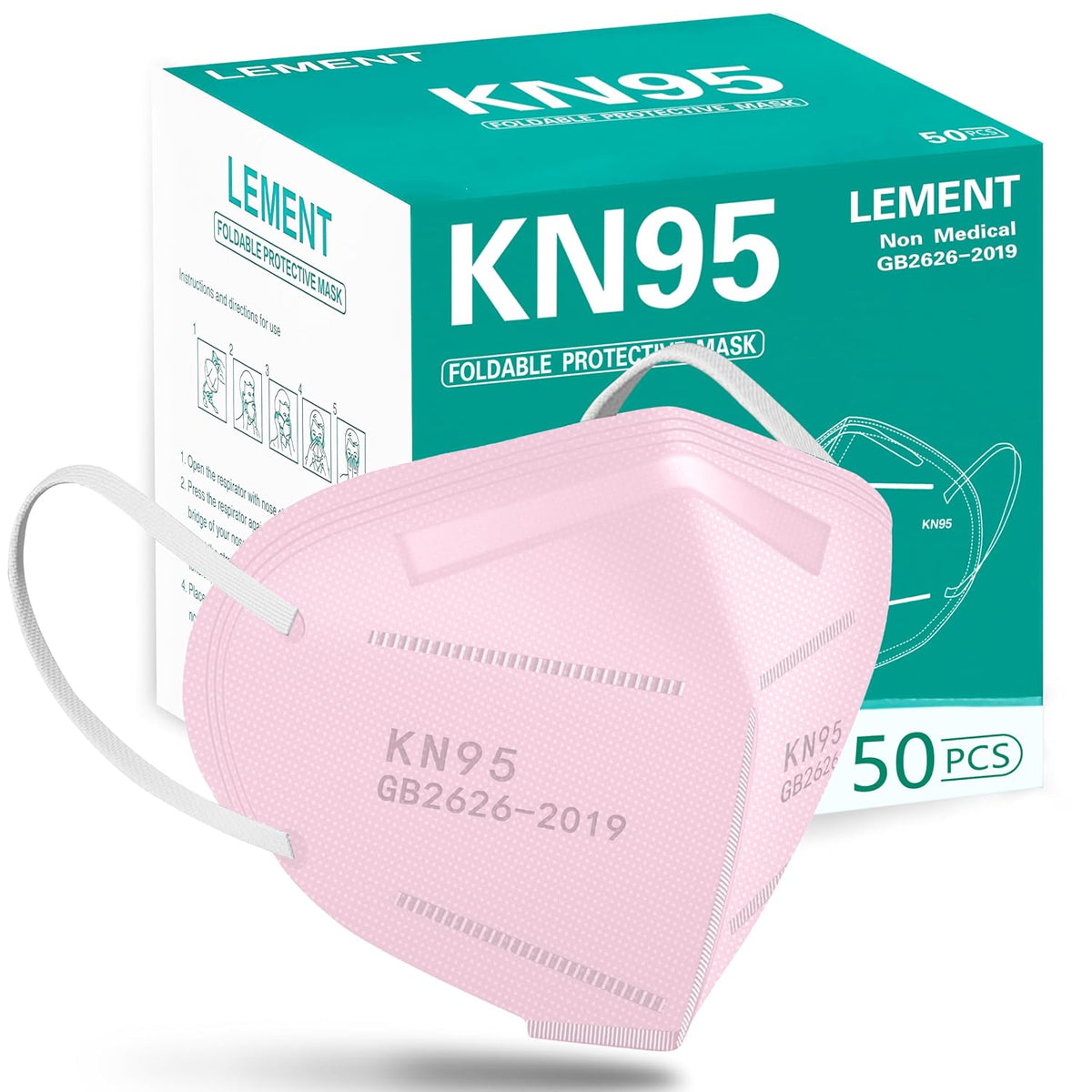 LEMENT 50pcs KN95 Face Mask Black 5-Layer Filter≥95% Cup Dust Safety Masks