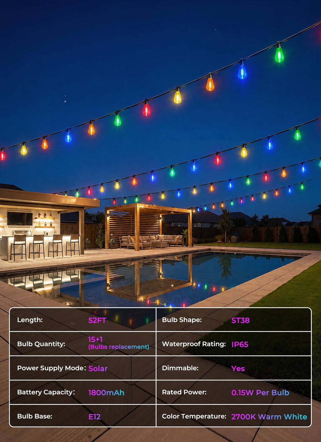 Brightown 52FT Solar String Lights Outdoor Waterproof, Last 30+ Hrs Runtime