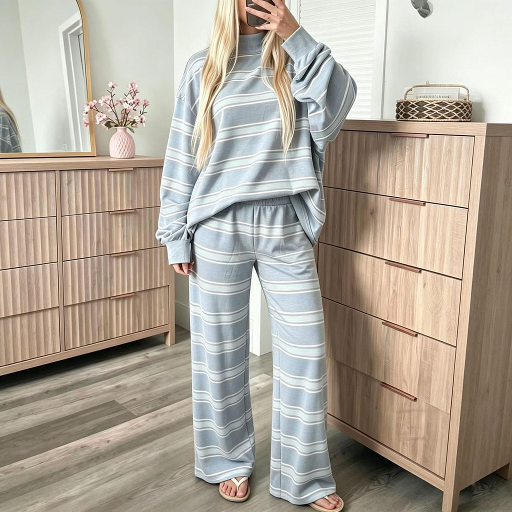 Striped Lounge Wear Sets for Women UK 2 Piece Outfits Loungewear Travel Matching Pyjamas Sets Mock Neck Oversized Knitted Jumper Long Sleeve Top and Wide Leg Pants Fall Winter