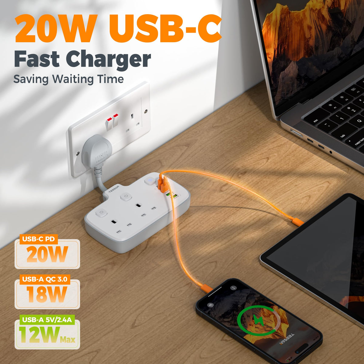 TESSAN Plug Adapter with 3 USB Ports, 2 Way MultiPlug Extension