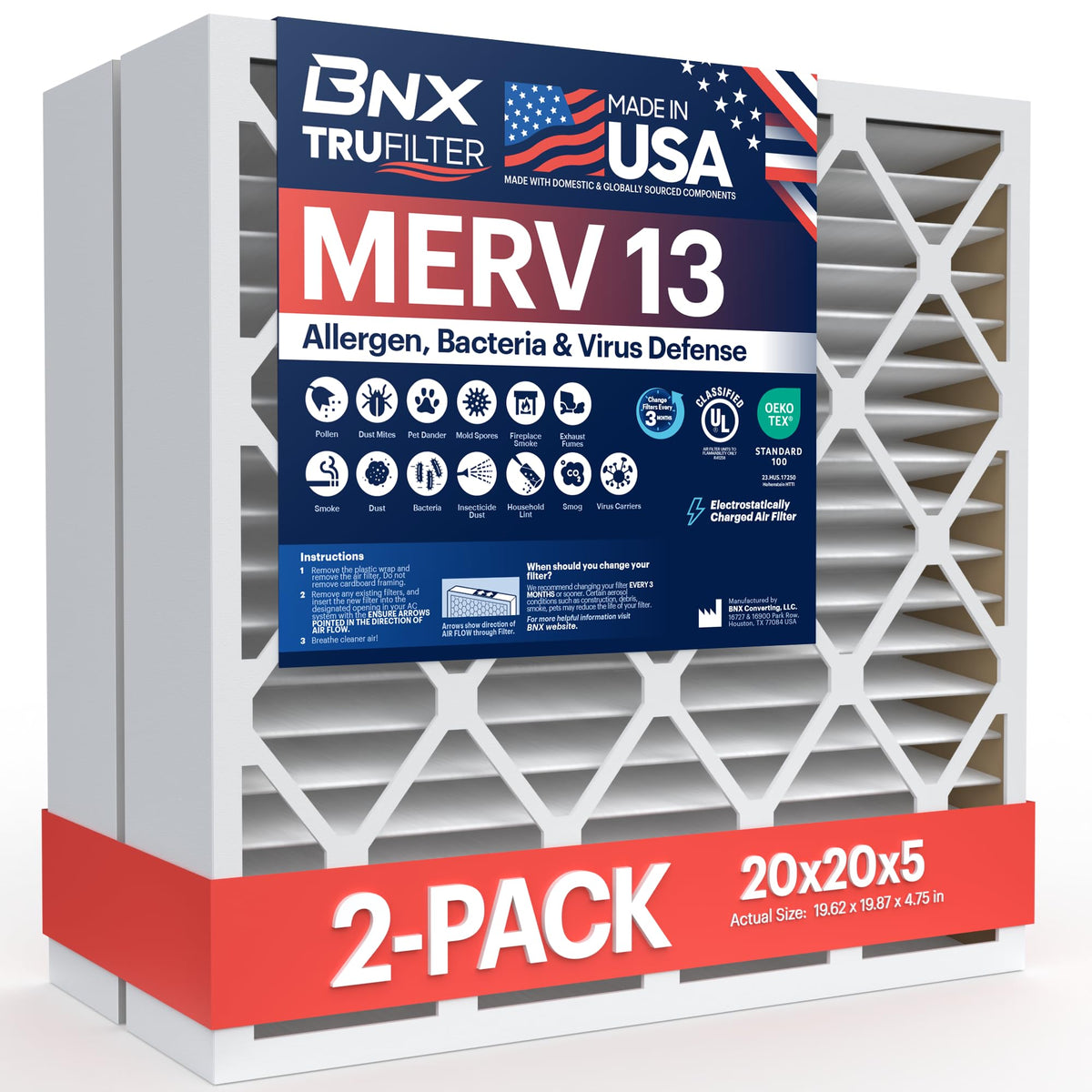 BNX TruFilter 20x20x1 Air Filter MERV 13 Smoke, Allergy, Pet Defense 6-Pack