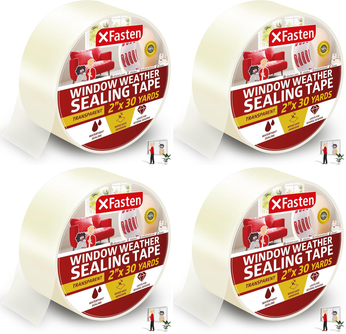 XFasten Transparent Window Weather Sealing Tape, 2-Inch x 30 Yards (50.8mm x 27.43m), Clear Window Draft Isolation Sealing Film Tape, No Residue